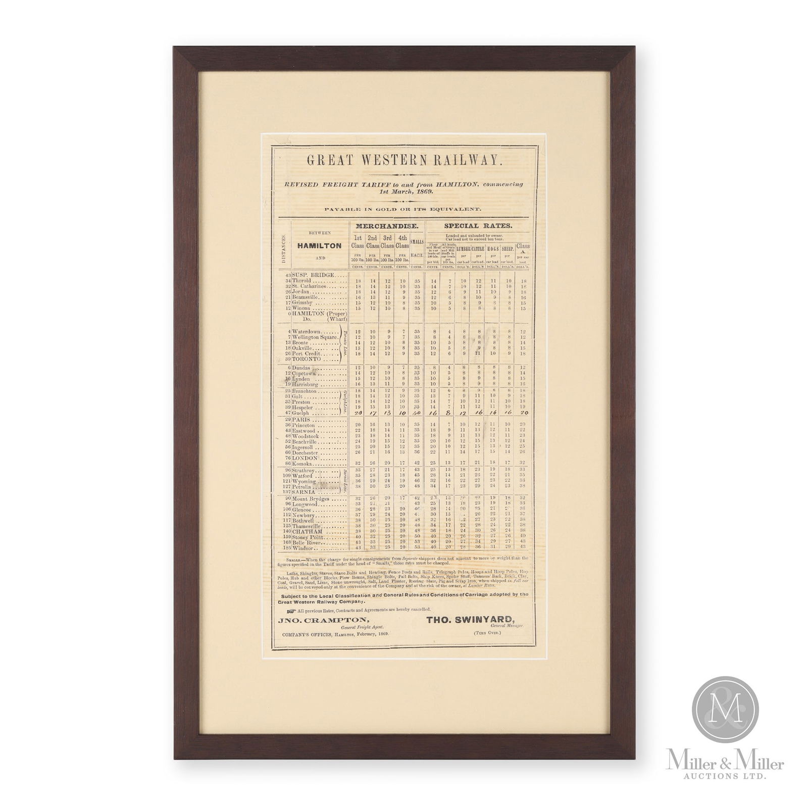 Great Western Railway 1869 Freight Tariff Schedule: Canadian. 1869. Lithographed paper. Sight: 12.75" x 7". Framed: 17.5" x 11.25". From the William Robert Wilson Collection.