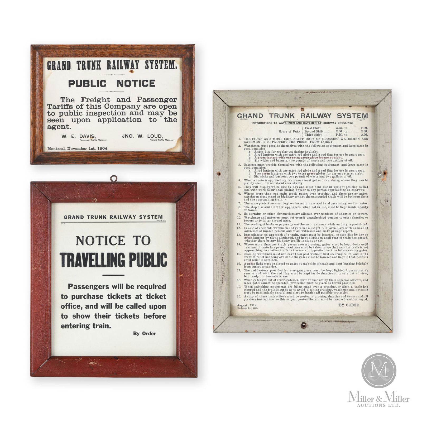 Grand Trunk Railway Public Notices: Canadian. 1900s-1910s. Framed lithographed paper. 8.25" x 11.25", 13" x 11", and 16" x 11.75". From the William Robert Wilson Collection.