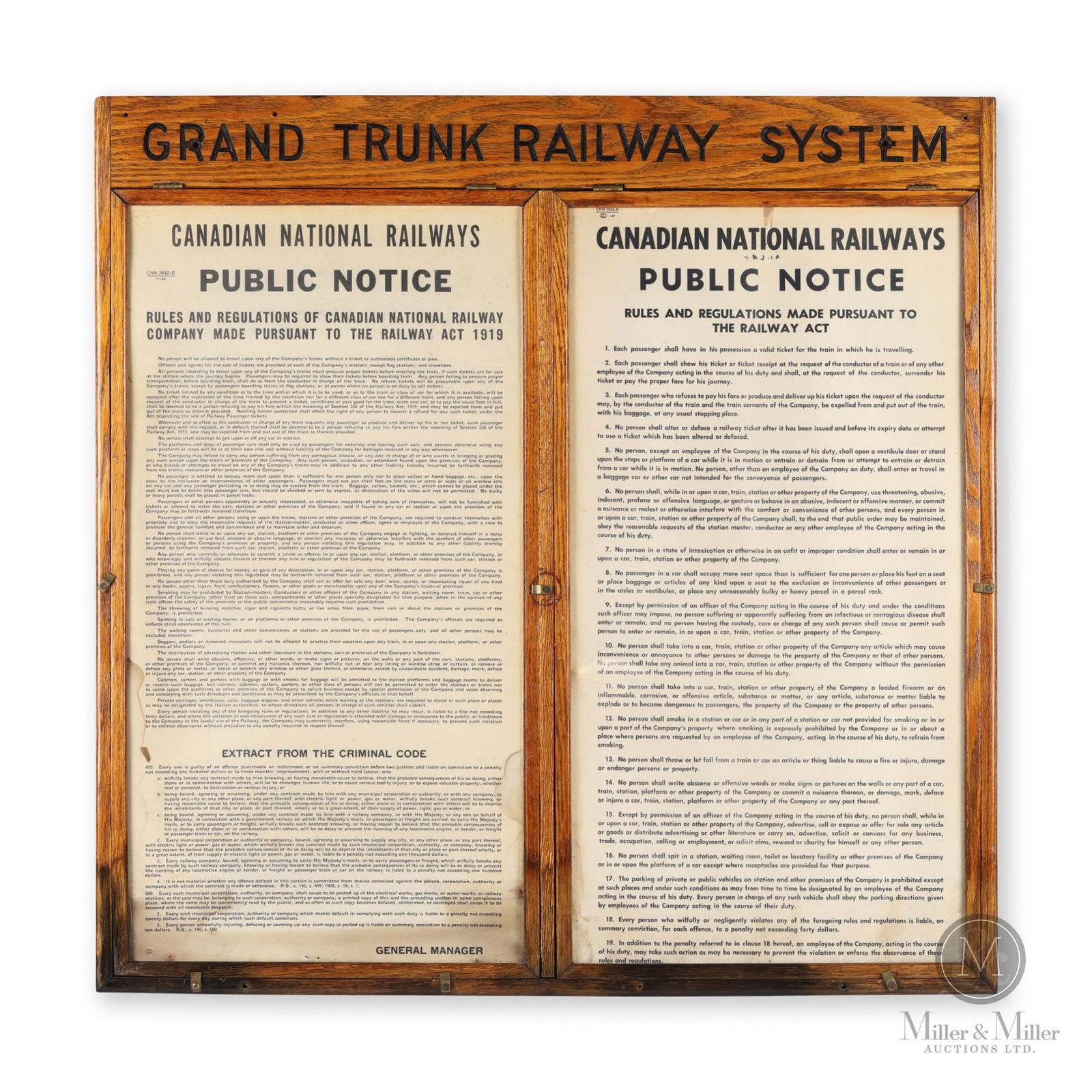 Grand Trunk Railway Public Notice Board: Canadian. 1920s. Lithographed paper in marked oak frame. Overall: 31.25" x 31.5" x 0.75". From the William Robert Wilson Collection.
