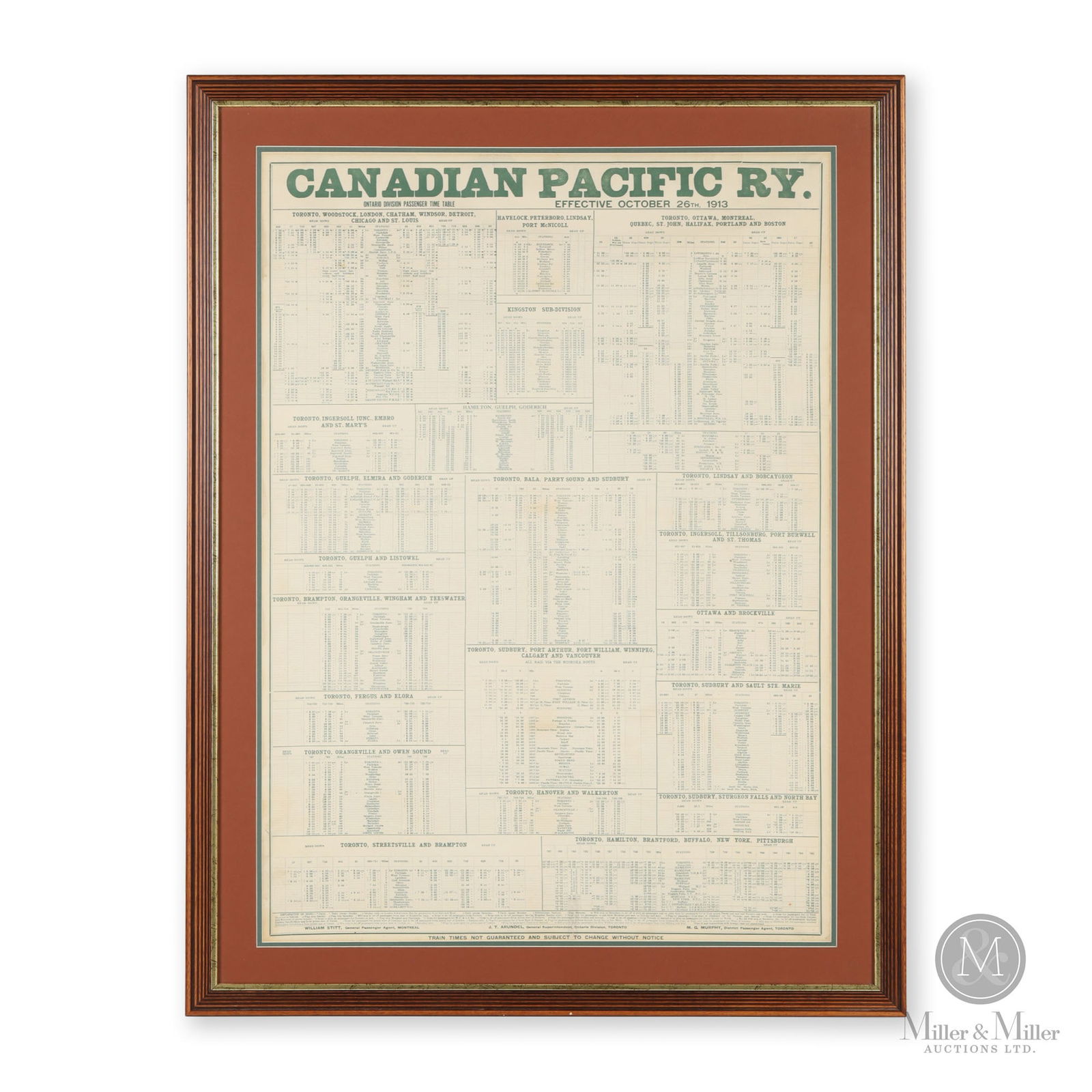 Canadian Pacific Railway 1913 Ontario Passenger Timetable: Canadian. 1913. Lithographed paper in frame. Sight: 35.35" x 25.25". Framed: 43" x 32.5". From the William Robert Wilson Collection.