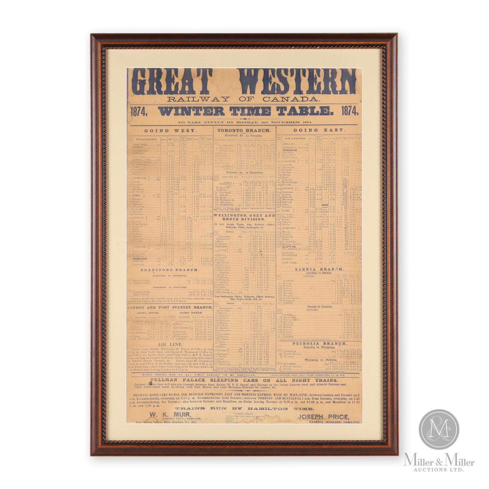 Great Western Railway 1874 Winter Timetable: Canadian. 1874. Lithographed paper in frame. Sight: 23.5" x 15.5". Framed: 28.25" x 20.5". From the William Robert Wilson Collection.