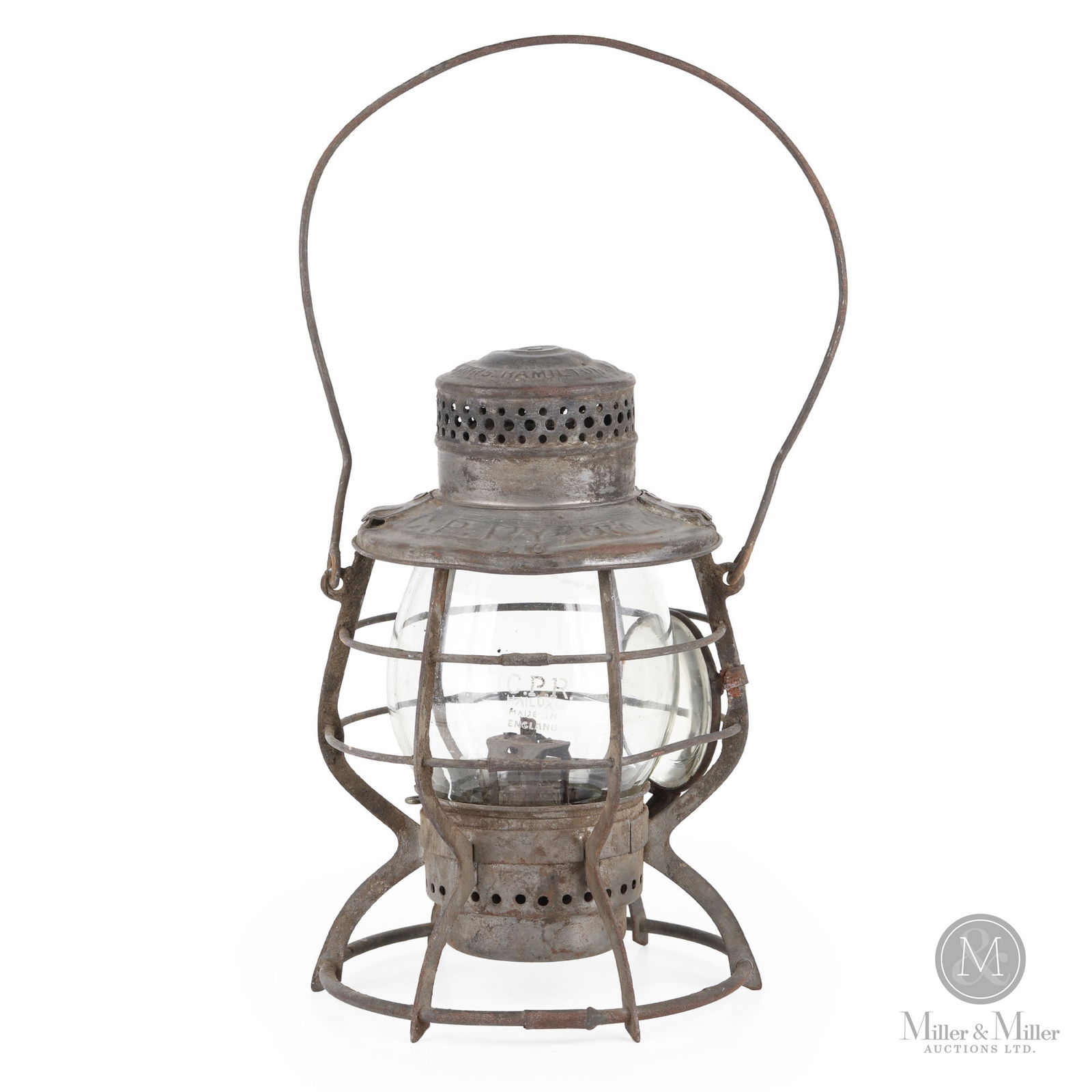 E.T. Wright CPR Brakeman's Lantern: Canadian. 1920s. Steel frame with embossed glass globe. Features a clear magnifying lens. Marked, "E.T. Wright & Co. Mfrs. Hamilton-ONT C.P.RY. Pat'd 1908", on top of frame. Acid etched, "CPR Hailuxu