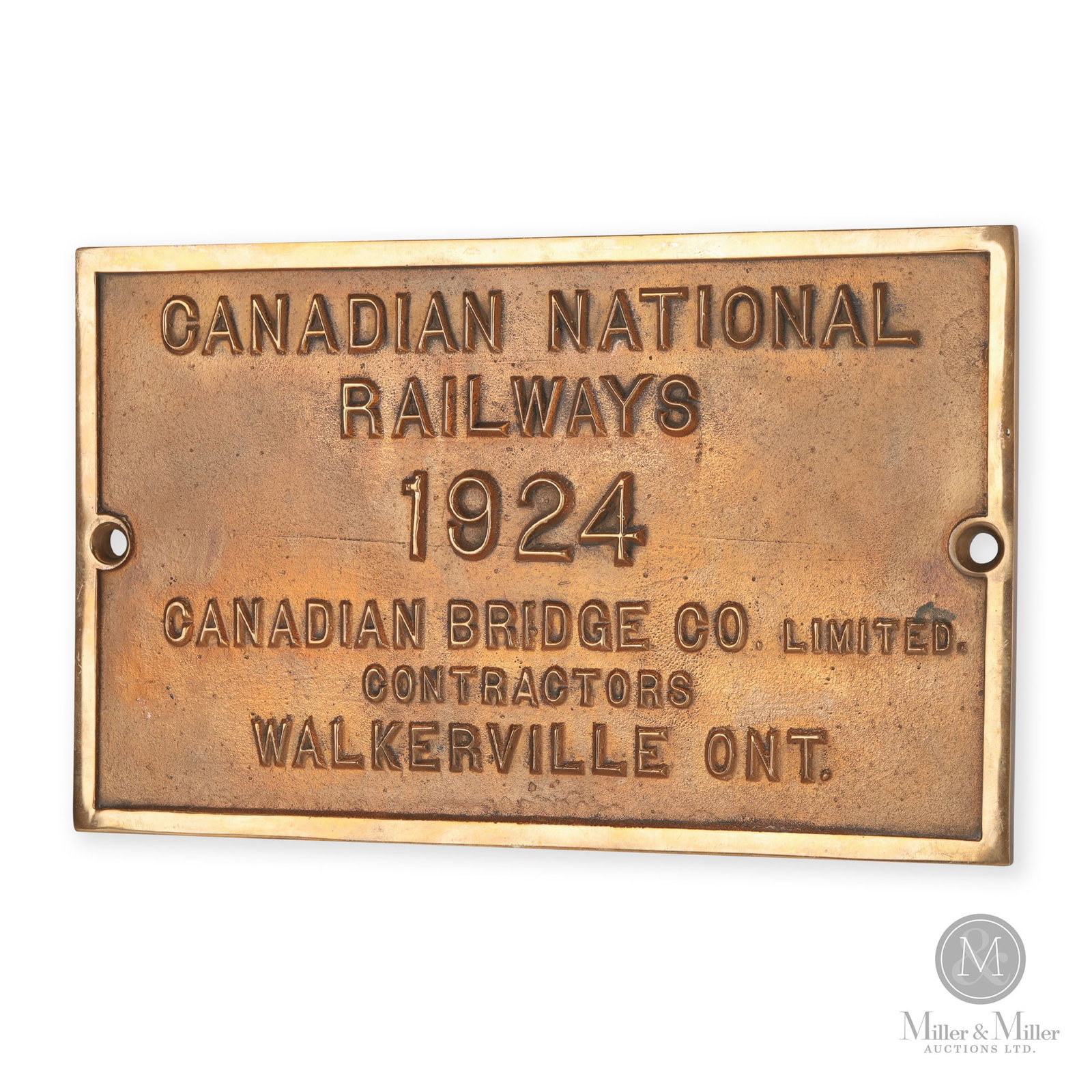 Canadian Bridge Co. CNR Walkerville Builder's Plate: Canadian. C. 1924. Brass. 8" x 13" x 0.25".