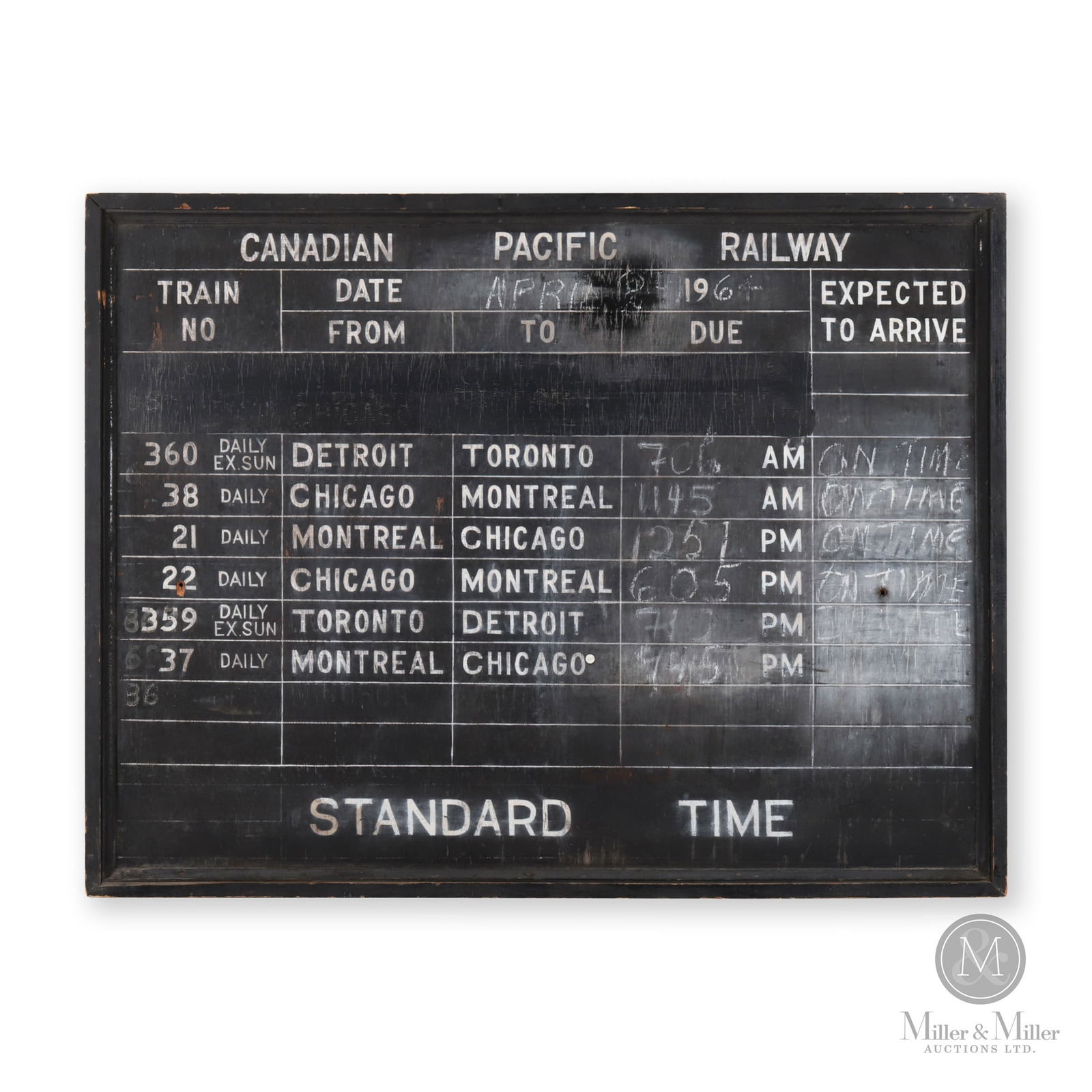 Canadian Pacific Railway Time Schedule Board: Canadian. 1930s. Single-sided painted wood. 38" x 50" x 3". From the William Robert Wilson Collection.