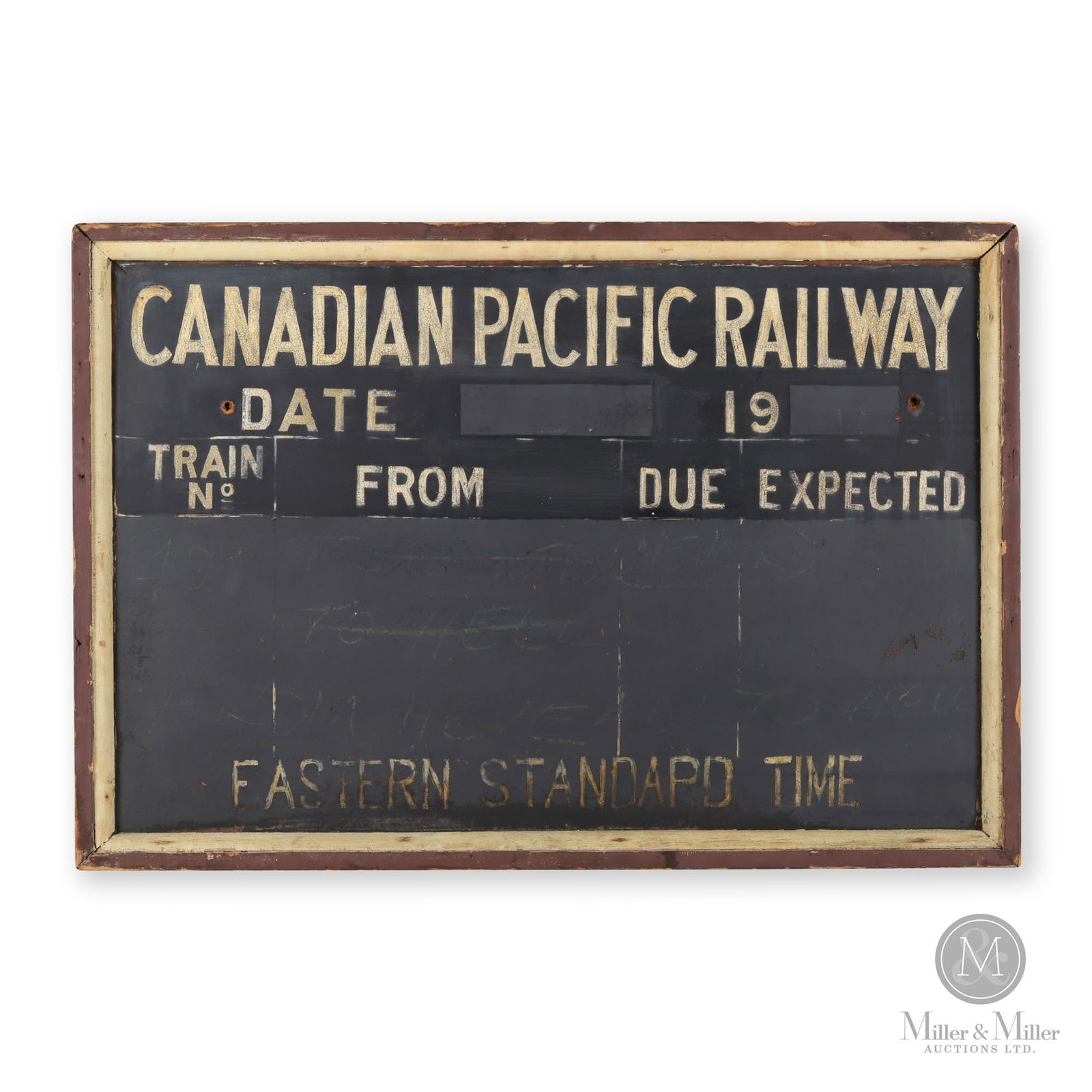 Canadian Pacific Railway Train Schedule Board: Canadian. 1920s. Single-sided painted wood. 25.5" x 37.75" x 2.5". From the William Robert Wilson Collection.