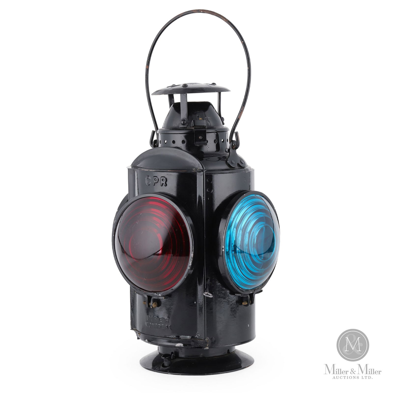 H.L. Piper CPR Tail End Lantern: Canadian. 1930s. Metal frame, embossed glass globe. Marked, "HLPM" and "CNR Piper Montreal", on frame. 15.5" x 6.75" x 6.75". From the William Robert Wilson Collection.