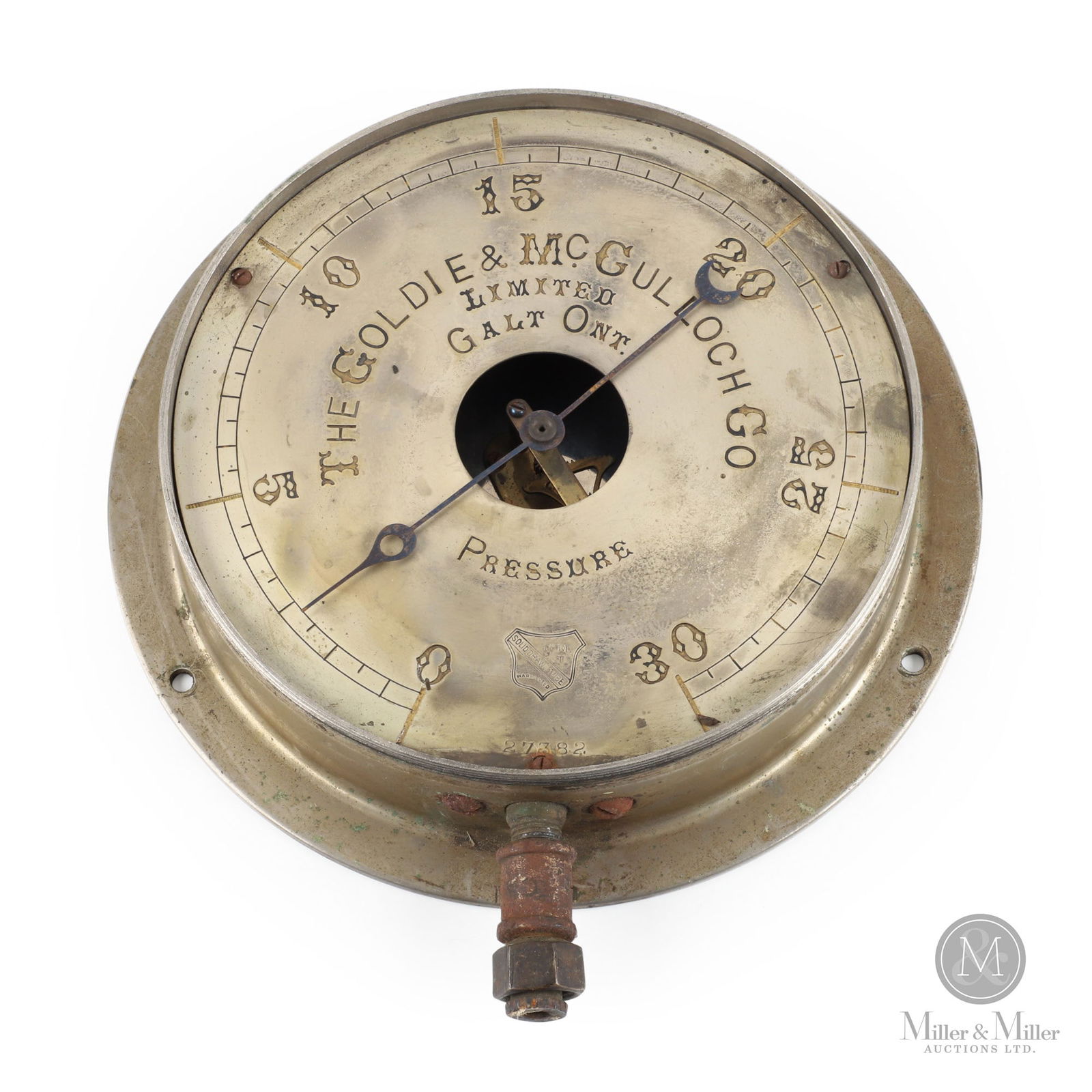 Goldie McCulloch Stationary Boiler Pressure Gauge: Canadian. 1880s. Nickel plated metal case. Marked, "JMT Solid drawn tube warranted", lower center edge. 10" Dia x 2" with 8.25" dial. From the William Robert Wilson Collection.