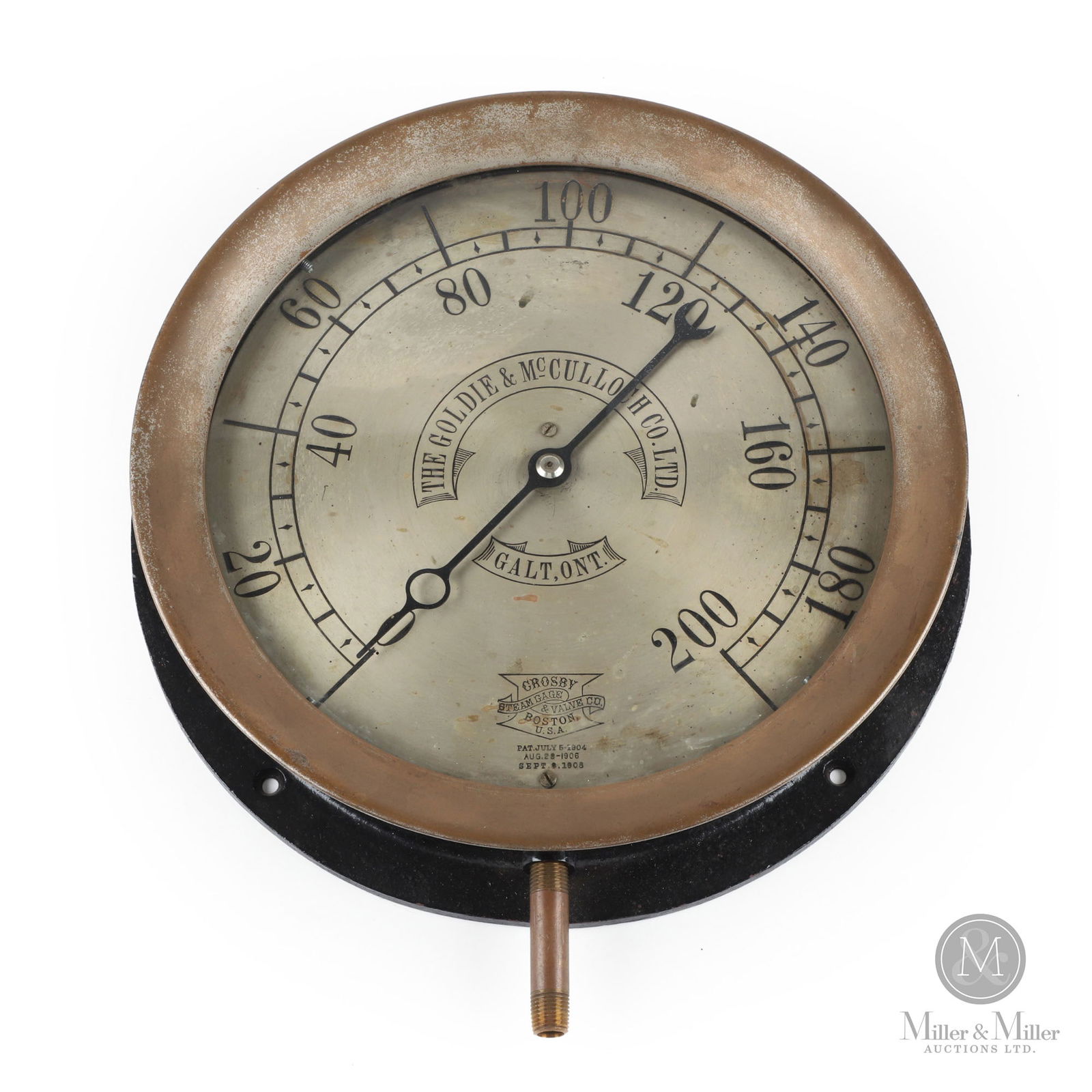 Goldie McCulloch, Galt Boiler Pressure Gauge: Canadian. 1920s. Painted metal case with brass bezel. Marked, "Crosby Steam Gage and Valve Co Boston USA", bottom lower edge. 11.75" Dia x 2.75" with 10" dial. From the William Robert Wilson Collectio