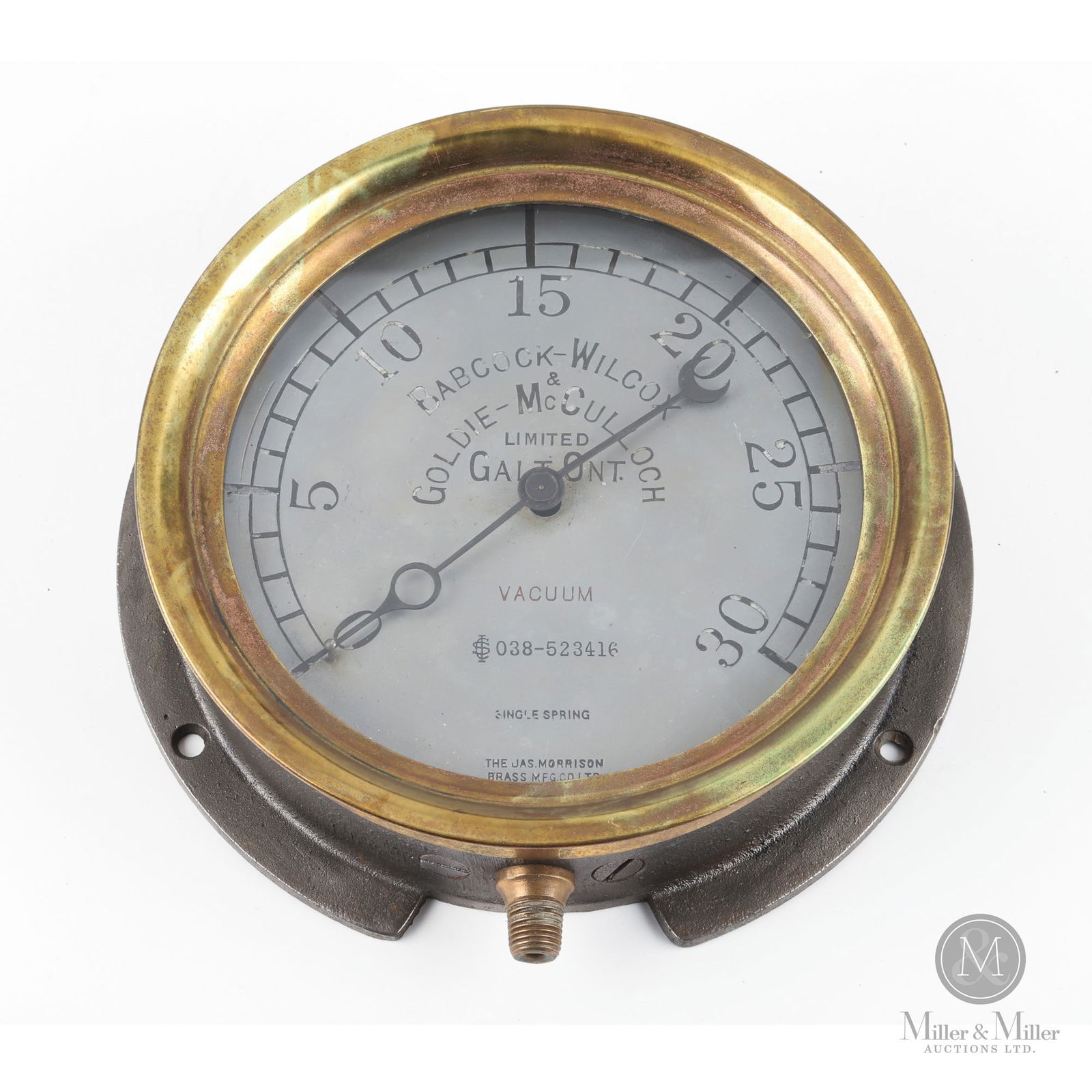 Babcock-Wilcox, and Goldie McCulloch Boiler Pressure Gauge: Canadian. 1920s. Painted metal case with brass bezel. Marked, "The Jas Morrison Ras Mfg. Co. Ltd. Toronto", lower center edge. 8" Dia x 2.5" with 6.75" dial. From the William Robert Wilson Collection.