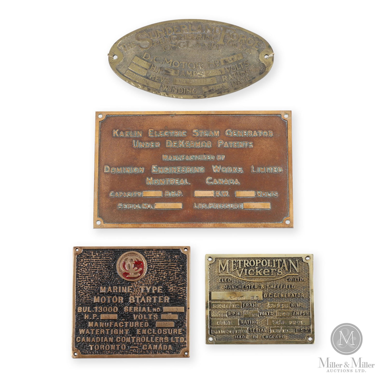 Electric Motor Manufacturers Plates: Canadian and English. 1920s-1940s. Brass. Ranges in length from 4.5" to 8.5". From the William Robert Wilson Collection.