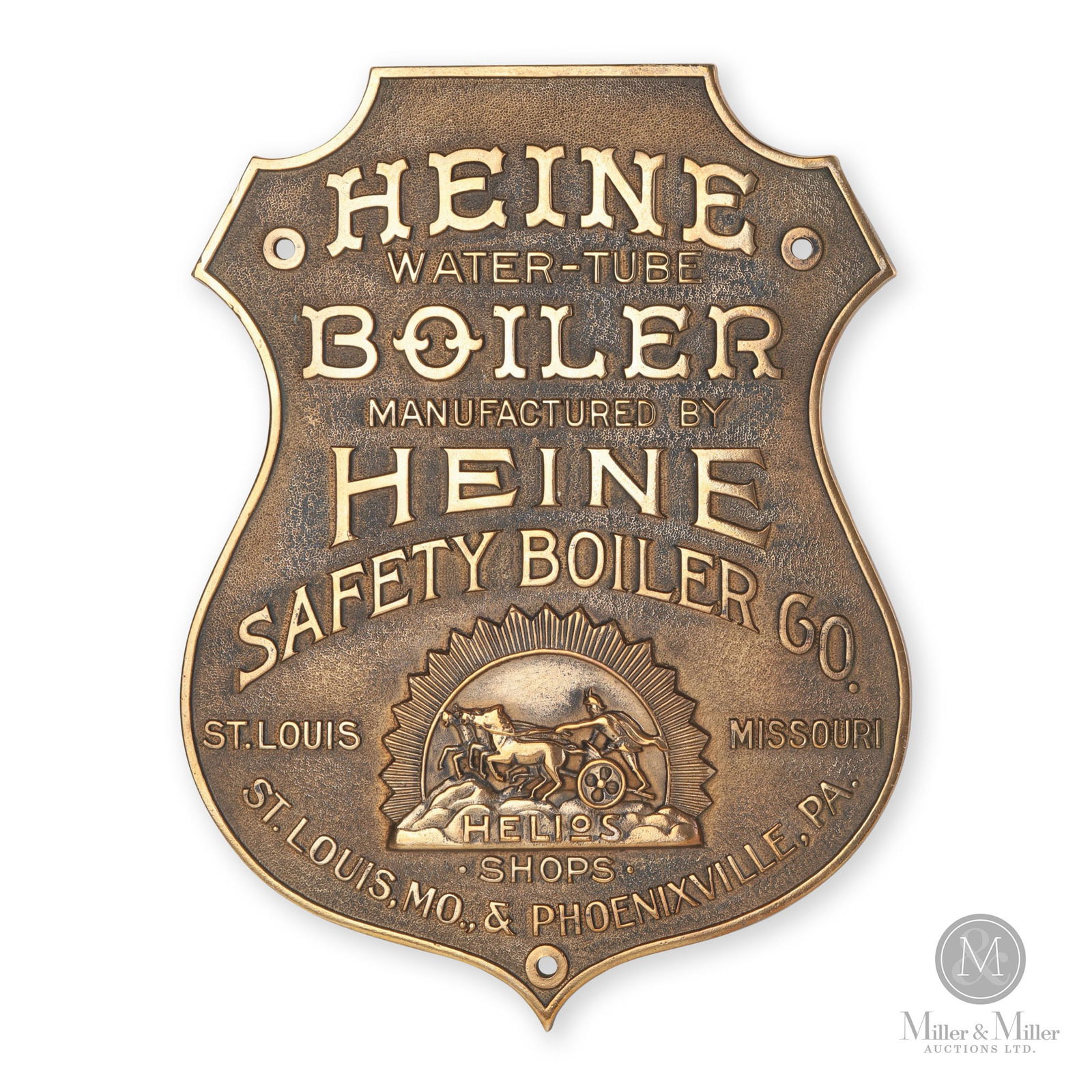 Heine Water-Tube Safety Boiler Plaque: American. 1910s. Cast brass. 11.75" x 9" x 0.25". From the William Robert Wilson Collection.