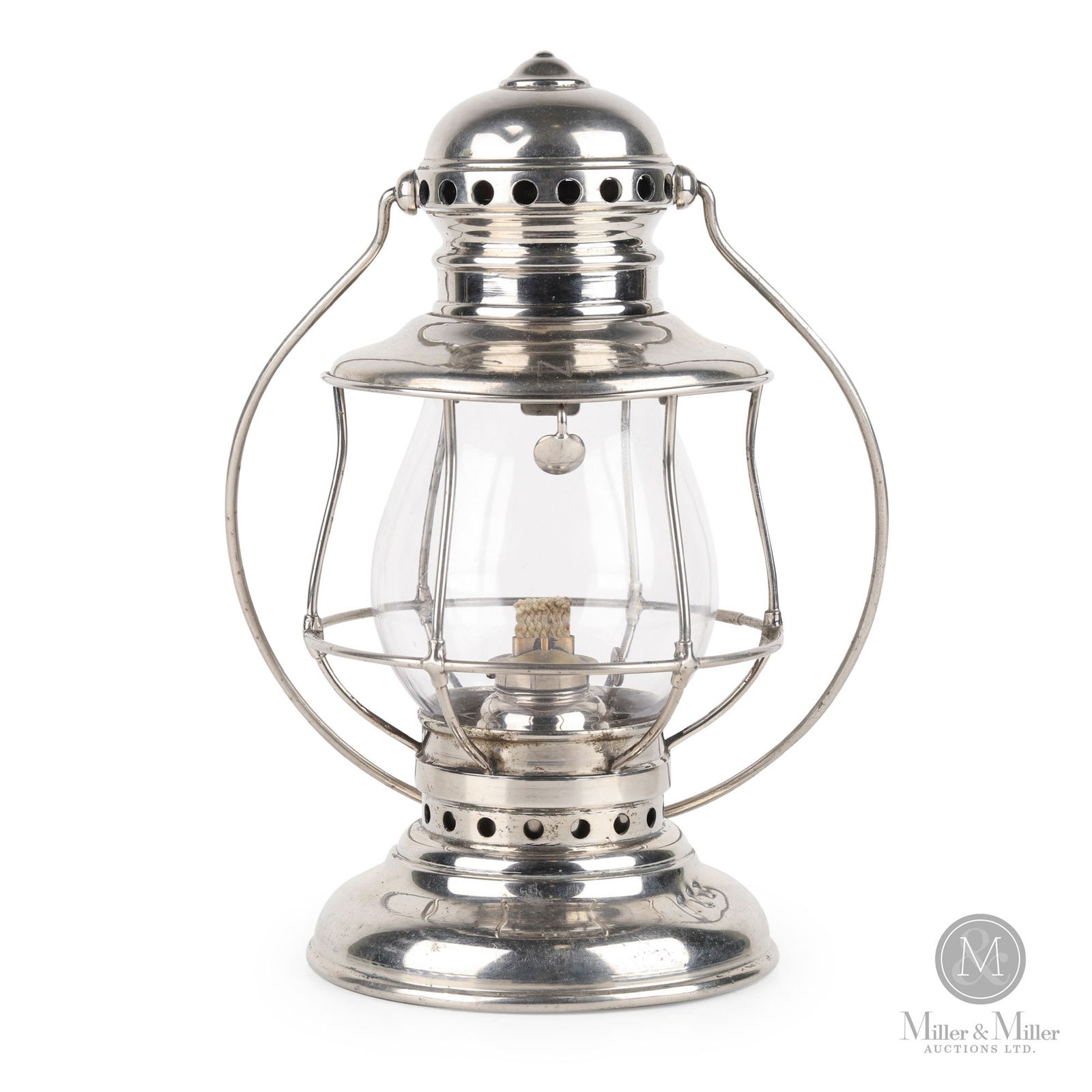 Adams & Westlake CNR Presentation Lantern: Canadian. 1890s. Nickel plated metal frame, embossed glass globe. Marked, "Adams & Westlake Comp'y. Chicago", on underside. Engraved, "C.N.R.", on frame. 10" x 5" x 5". From the William Robert Wilson