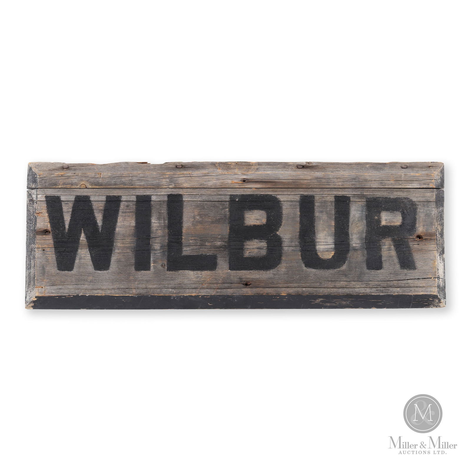 Canadian Pacific Railway Wilbur Station Sign: Canadian. 1920s. Single-sided painted wood. From Wilbur, Ontario station. 11.5" x 33" x 2". From the William Robert Wilson Collection.