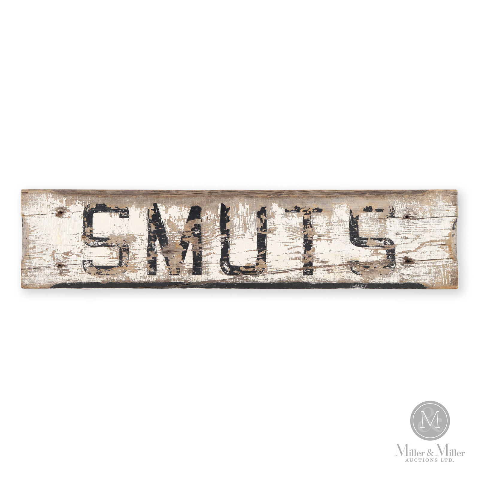 Canadian National Railway Smuts Station Sign: Canadian. 1920s. Single-sided painted wood. 11" x 48" x 1.5". From the William Robert Wilson Collection.