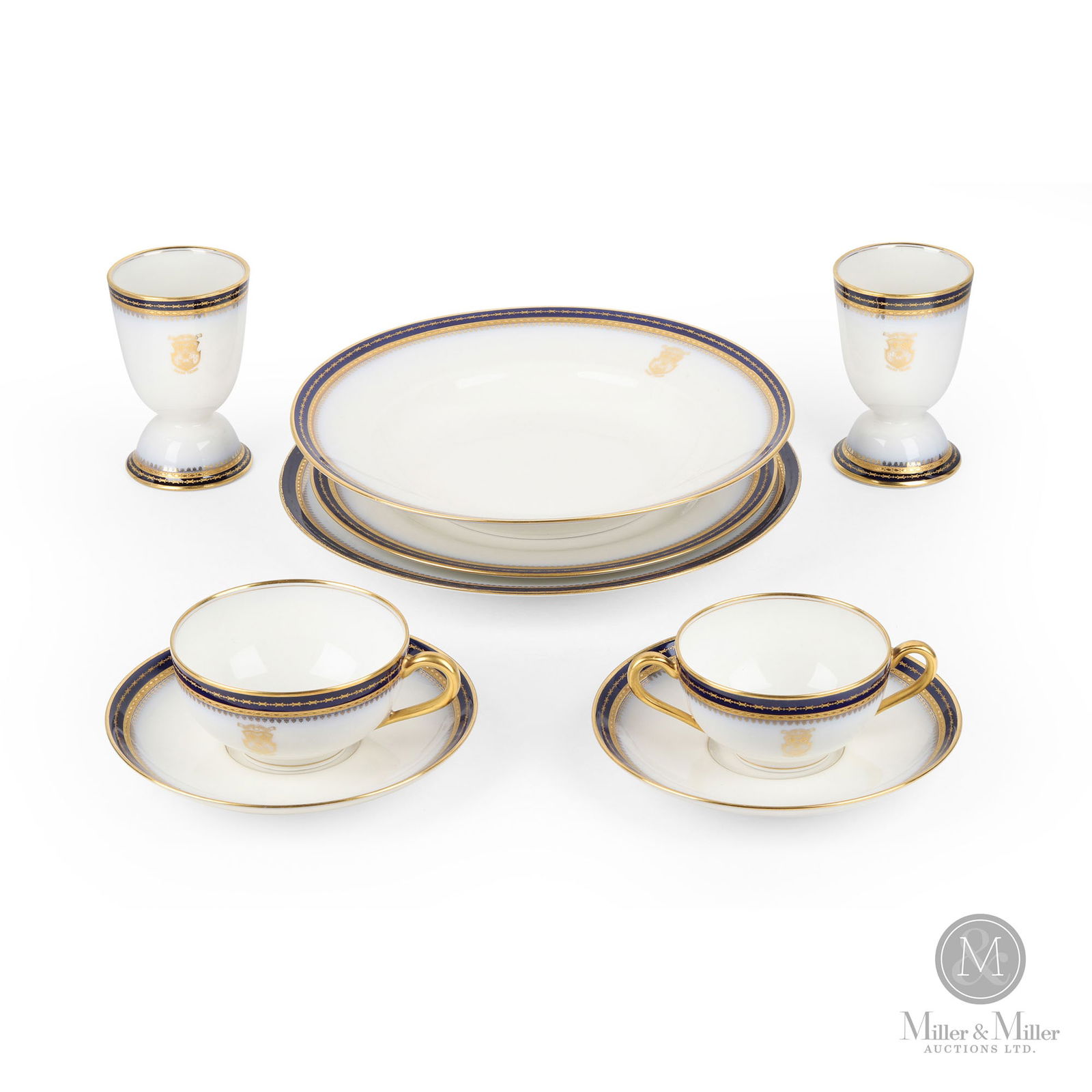 Grand Trunk Chateau Laurier Ware: Canadian. Early 20th Century. Porcelain. State occasion 'Blue and Gold' Chinaware Limoge 1912. Includes; Grand Trunk Ware: dinner plate, luncheon plate, large soup plate, two large egg cups, bouillon