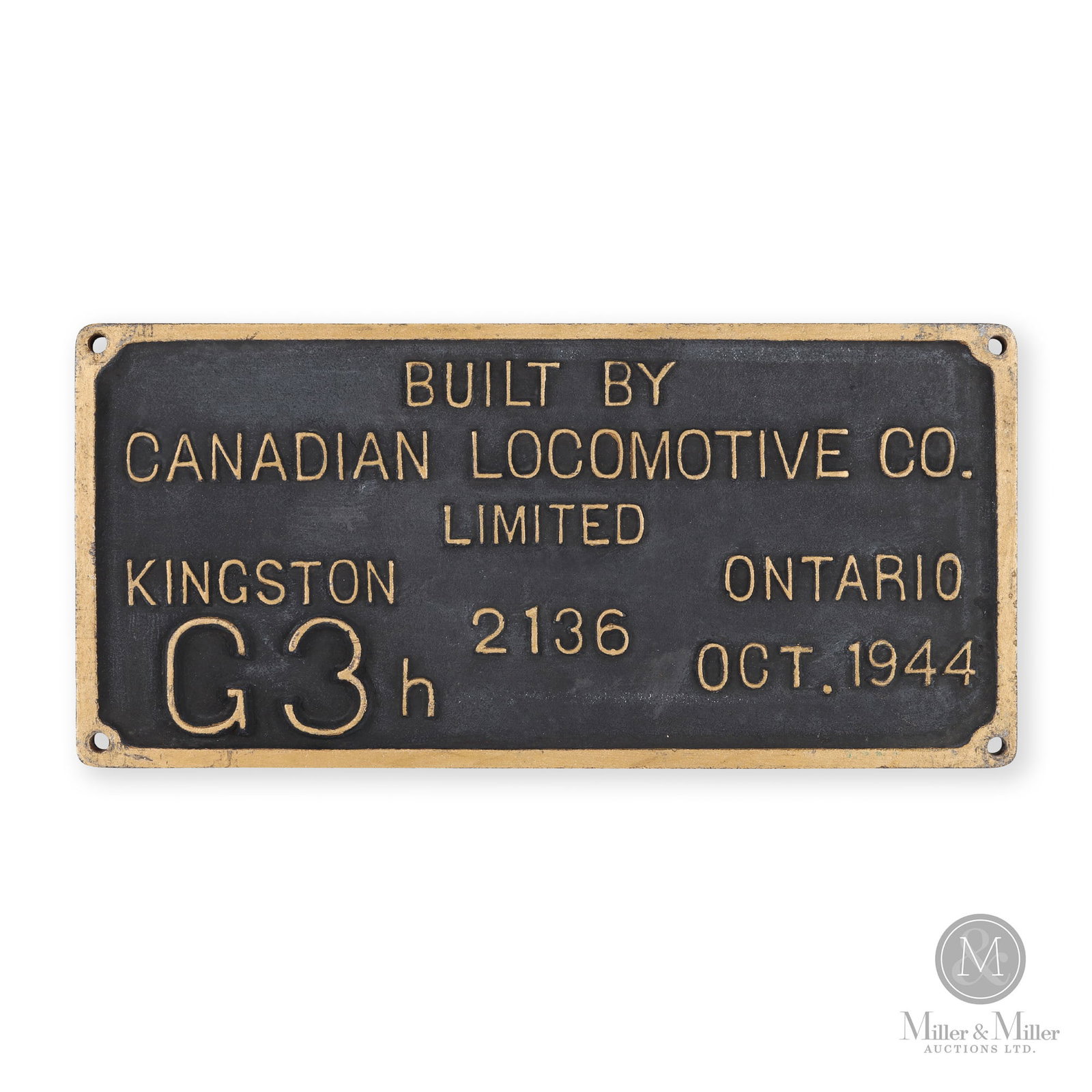 Canadian Locomotive Co. 1944 Builder's Plate No. 2136: Canadian. 1944. Cast brass, painted. From CP 2428. 462 Pacific. Class G-3-h. Built by Canadian locomotive company on Oct 1944. Serial number 2136. Scrapped Jan 1962. 7.5" x 16" x 0.75". From the Willi