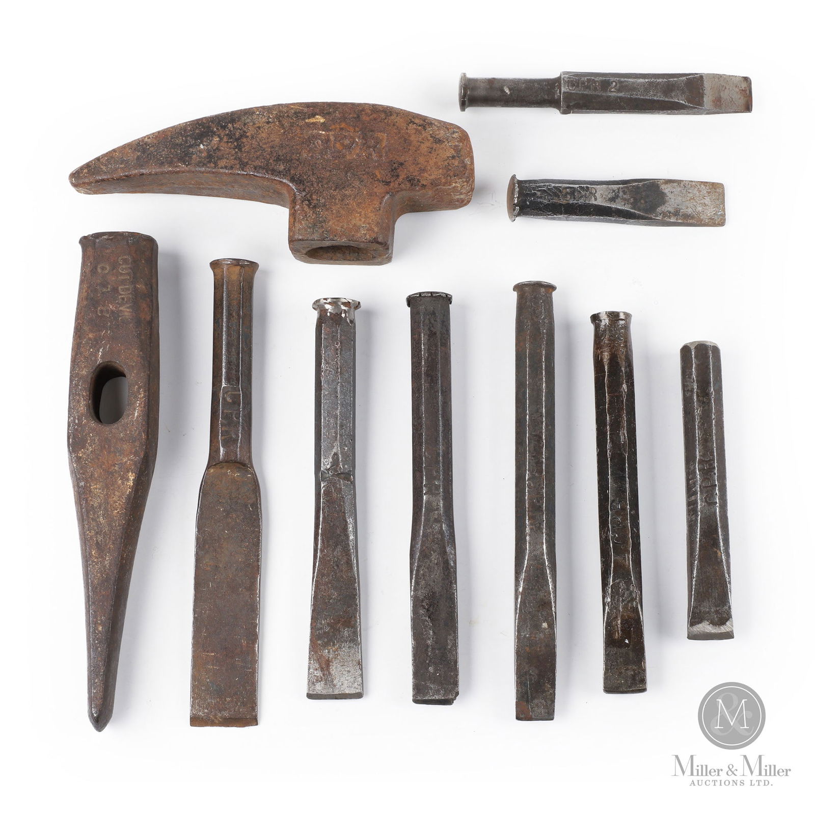 Canadian Pacific Railway Chisels: Canadian. 1910s. Forged iron. Stamped, "CPR", at least once on each tool. Marked, "Cut Devil C1E", on hammer. Range in length from 4.75" to 10.75". From the William Robert Wilson Collection.