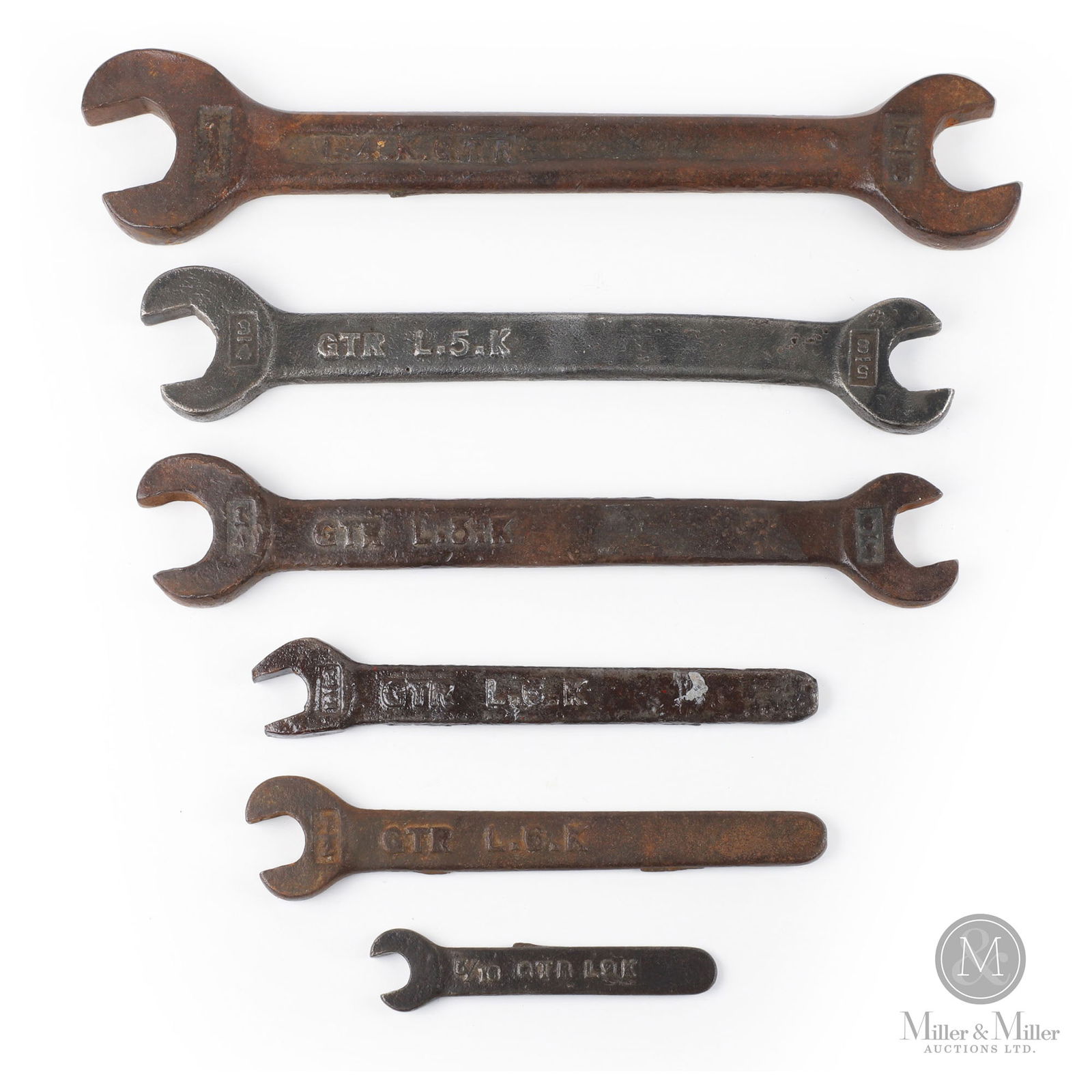 Grand Trunk Railway Wrenches: Canadian. 1910s. Forged iron. Marked, "GTR L.4.K, L.5.K, L.6.K, L.9.K", on sides. Ranges in length from 6" to 18". From the William Robert Wilson Collection.