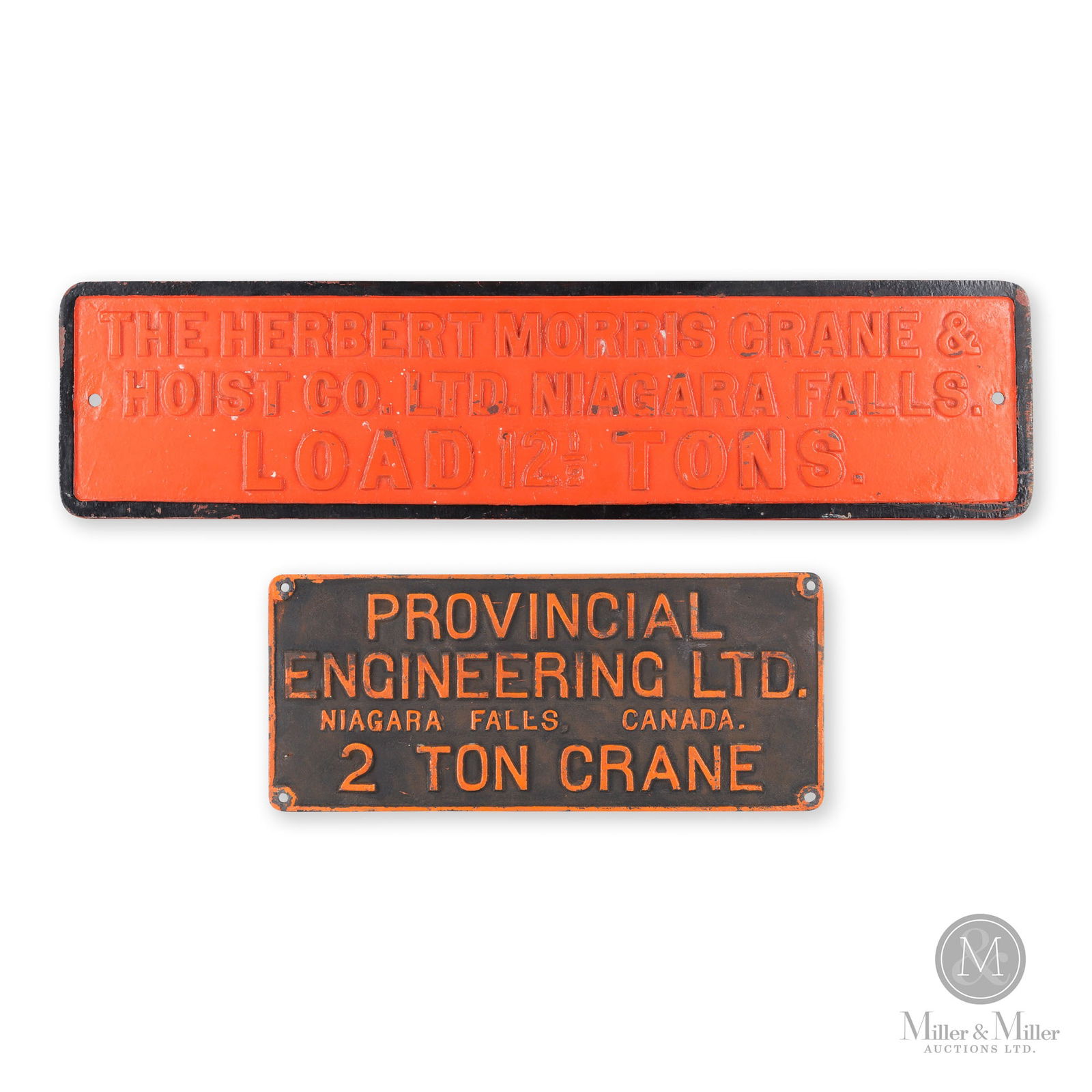Provincial Engineering & Herbert Morris Crane Builder Plates: Canadian. 1940s. Painted, embossed cast iron. 8.25" x 19.24" x 0.25" and 34" x 8.25" x 0.5". From the William Robert Wilson Collection.