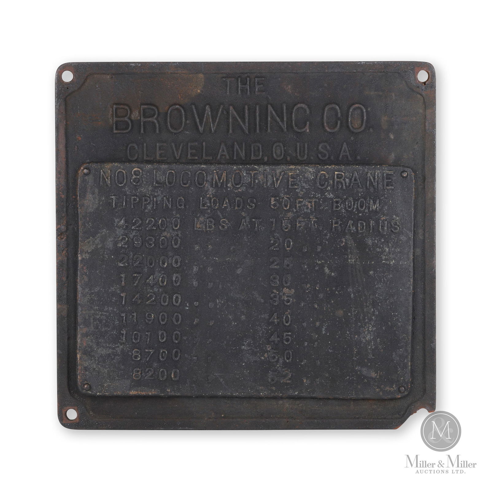 Browning Co. No. 8 Locomotive Crane Builder's Plate: American. 1930s. Cast iron frame with applied brass plaque. 17.75" x 18.25" x 0.75". From the William Robert Wilson Collection.