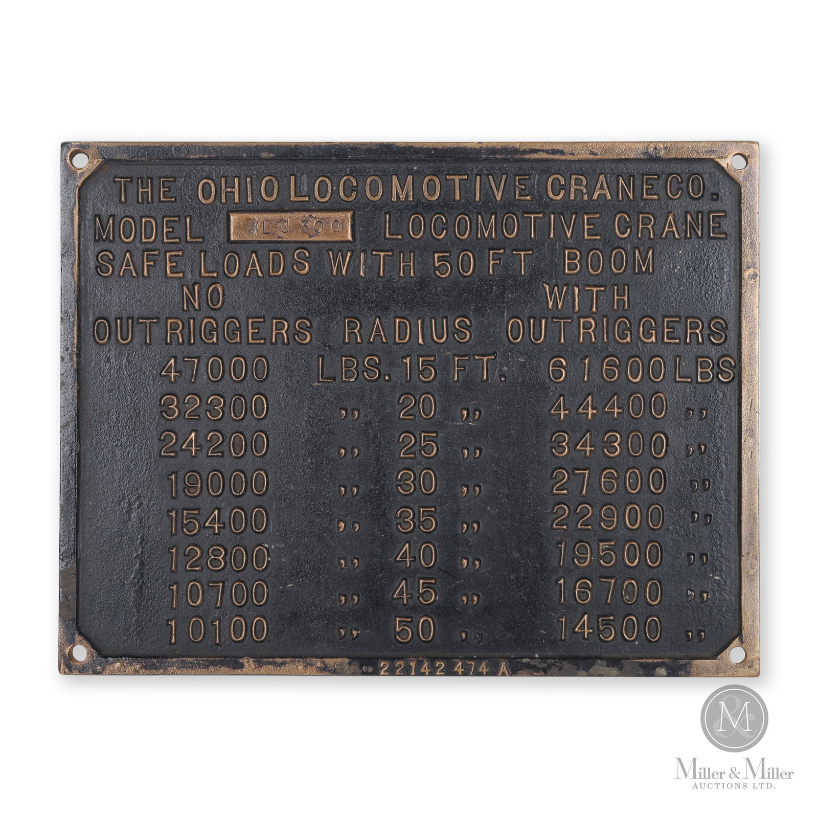 Ohio Locomotive Crane Co. LC300 Builder's Plate: American. 1930s. Cast brass, painted. Marked, "22142474A", bottom center edge. 12" x 15.75" x 0.25". From the William Robert Wilson Collection.
