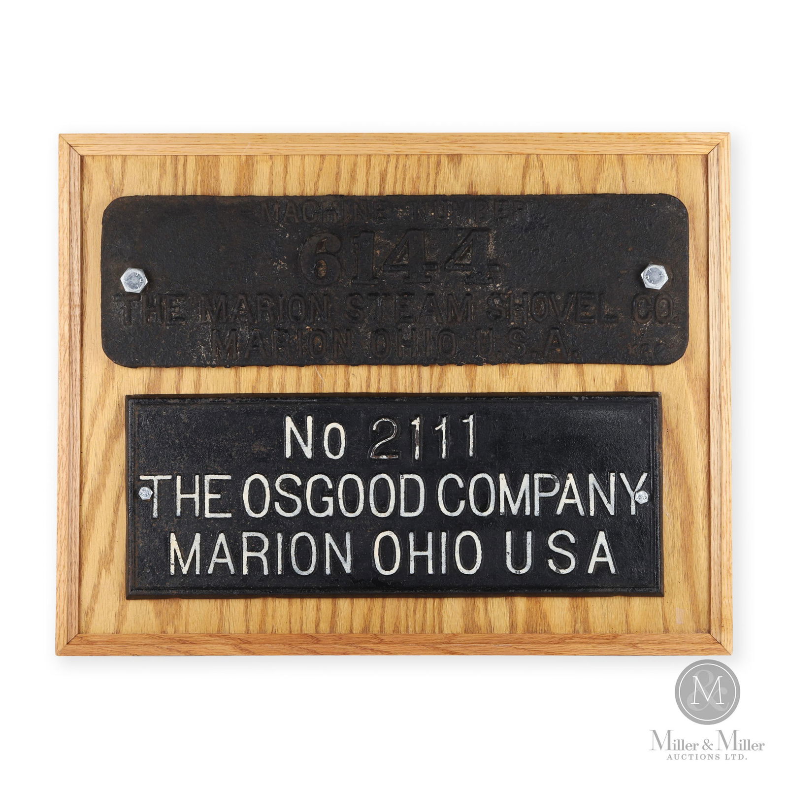 Marion, Ohio Steam Shovel Builder's Plates: American. 1930s. Painted cast iron. 6.5" x 22.75" x 0.25" and 7.75" x 20.5" x 0.25". From the William Robert Wilson Collection.