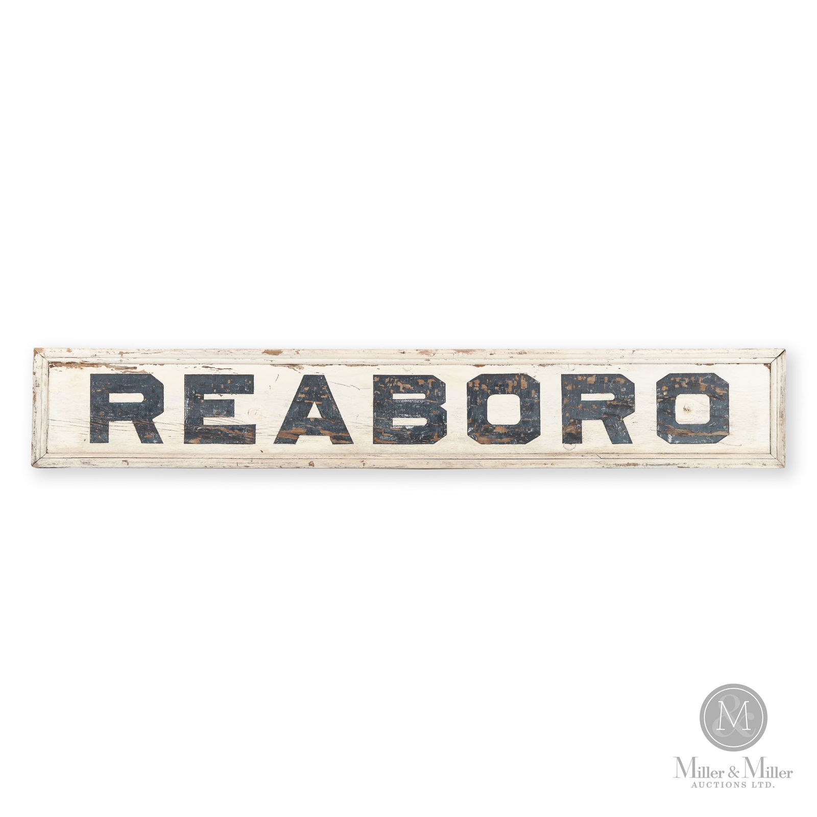 Canadian National Railway Reaboro Station Sign: Canadian. 1920s. Single-sided painted wood. From Reaboro, Ontario station. 11.5" x 72.75" x 2". From the William Robert Wilson Collection.