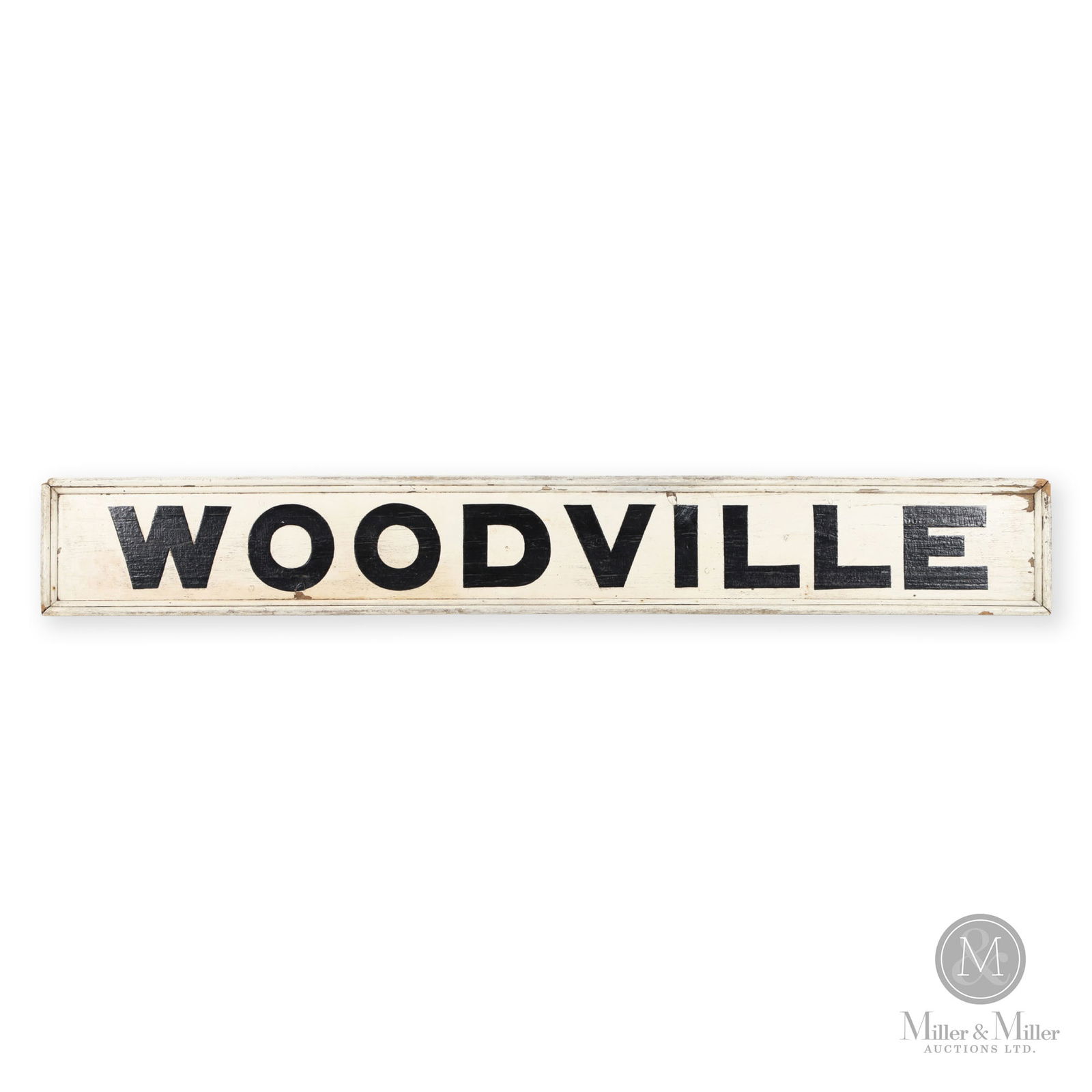 Canadian National Railway Woodville Station Sign: Canadian. 1920s. Single-sided painted wood. 11.5" x 83.5" x 1.75". From the William Robert Wilson Collection.