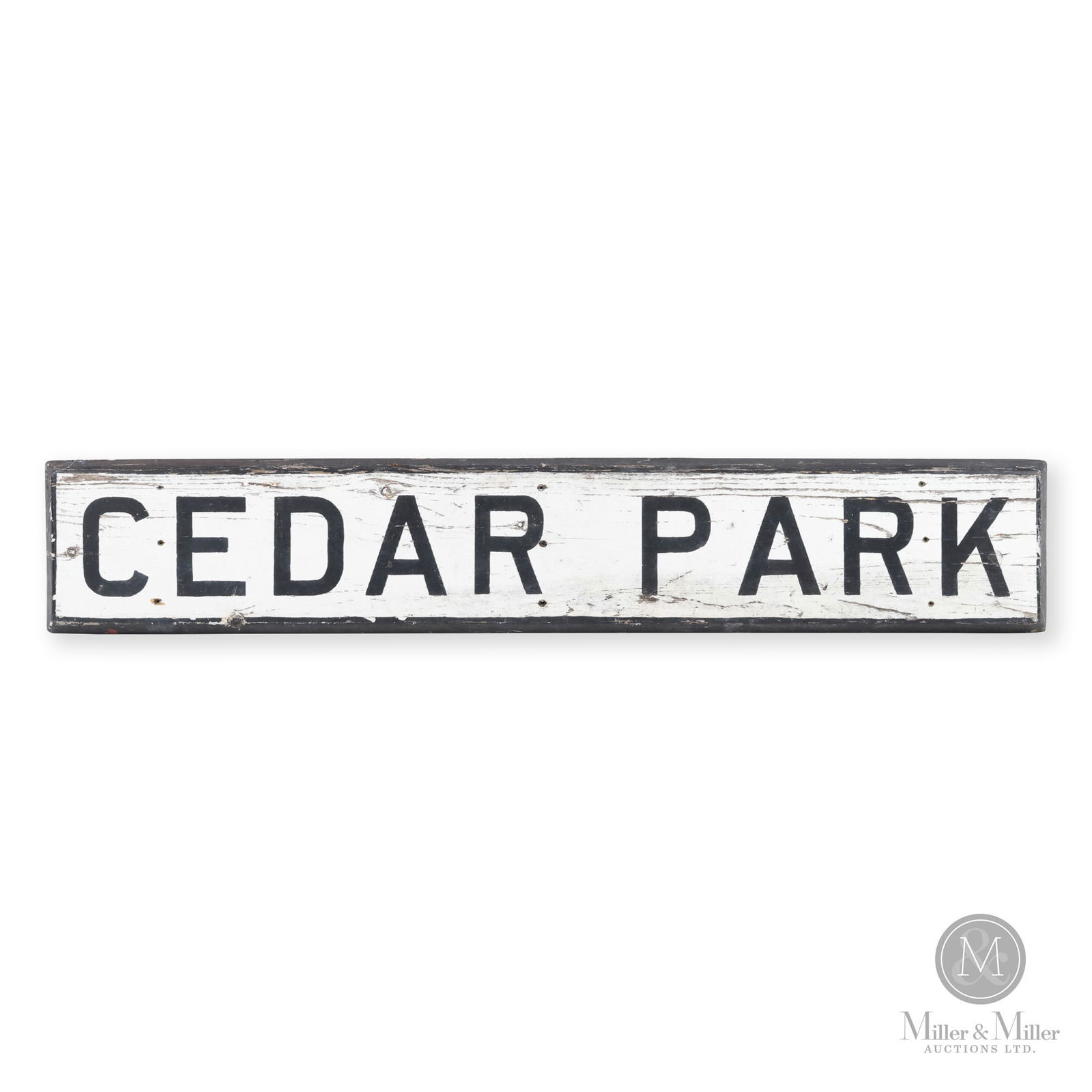 Canadian National Railway Cedar Park Station Sign: Canadian. 1920s. Single-sided painted wood. From Pointe-Claire, Quebec Cedar Park Station. 10.5" x 59.5" x 1.75". From the William Robert Wilson Collection.