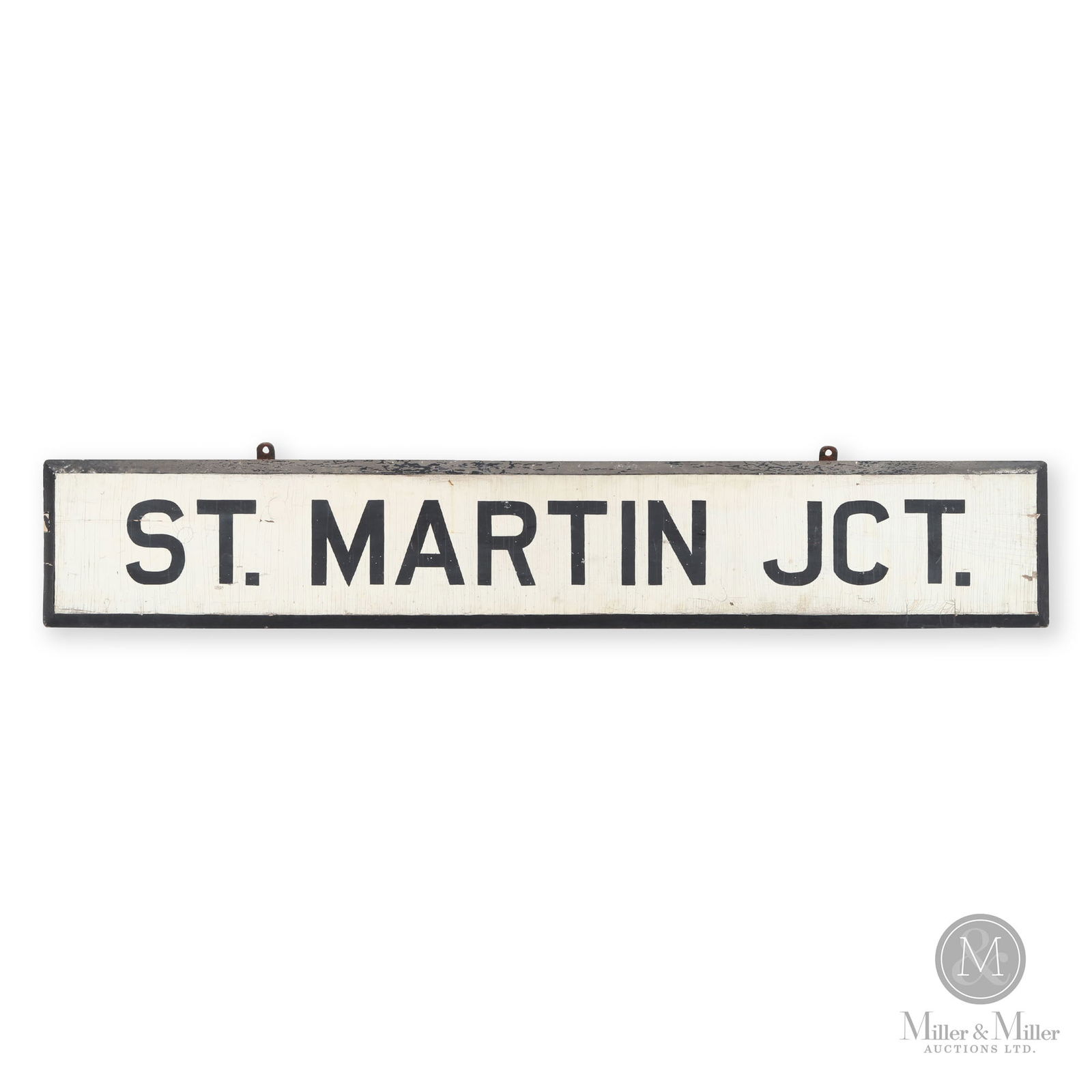 Canadian National Railway St. Martin Junction Sign: Canadian. 1920s. Single-sided painted wood. 12" x 70.5" x 1.5". From the William Robert Wilson Collection.