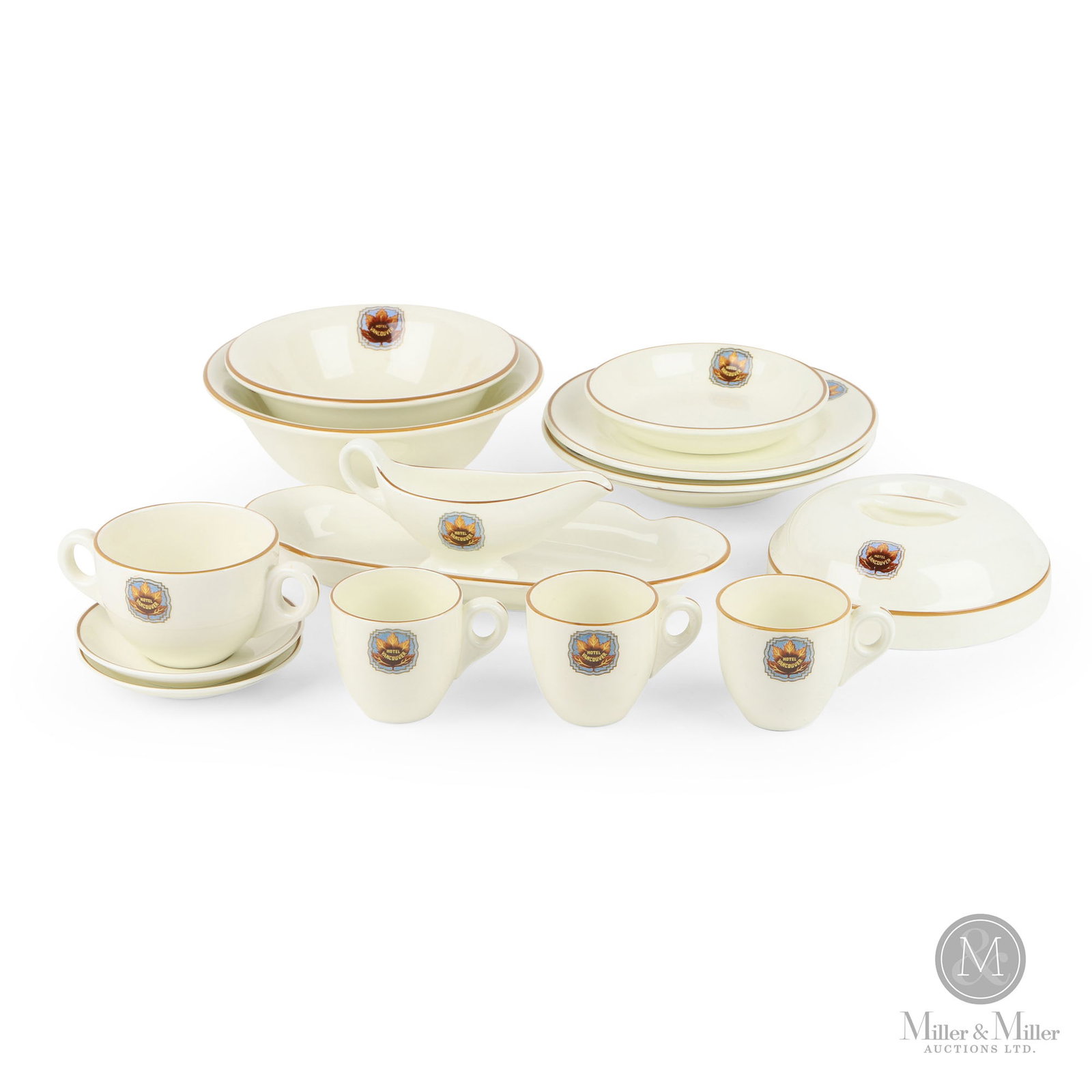 Hotel Vancouver Ware: Canadian. Early 20th Century. Porcelain. Includes; Hotel Vancouver Ware: two sandwich plates, three demi cups, two demi saucers, bouillon cup, sauce boat, celery dish, fruit nappy, small soup plate, t