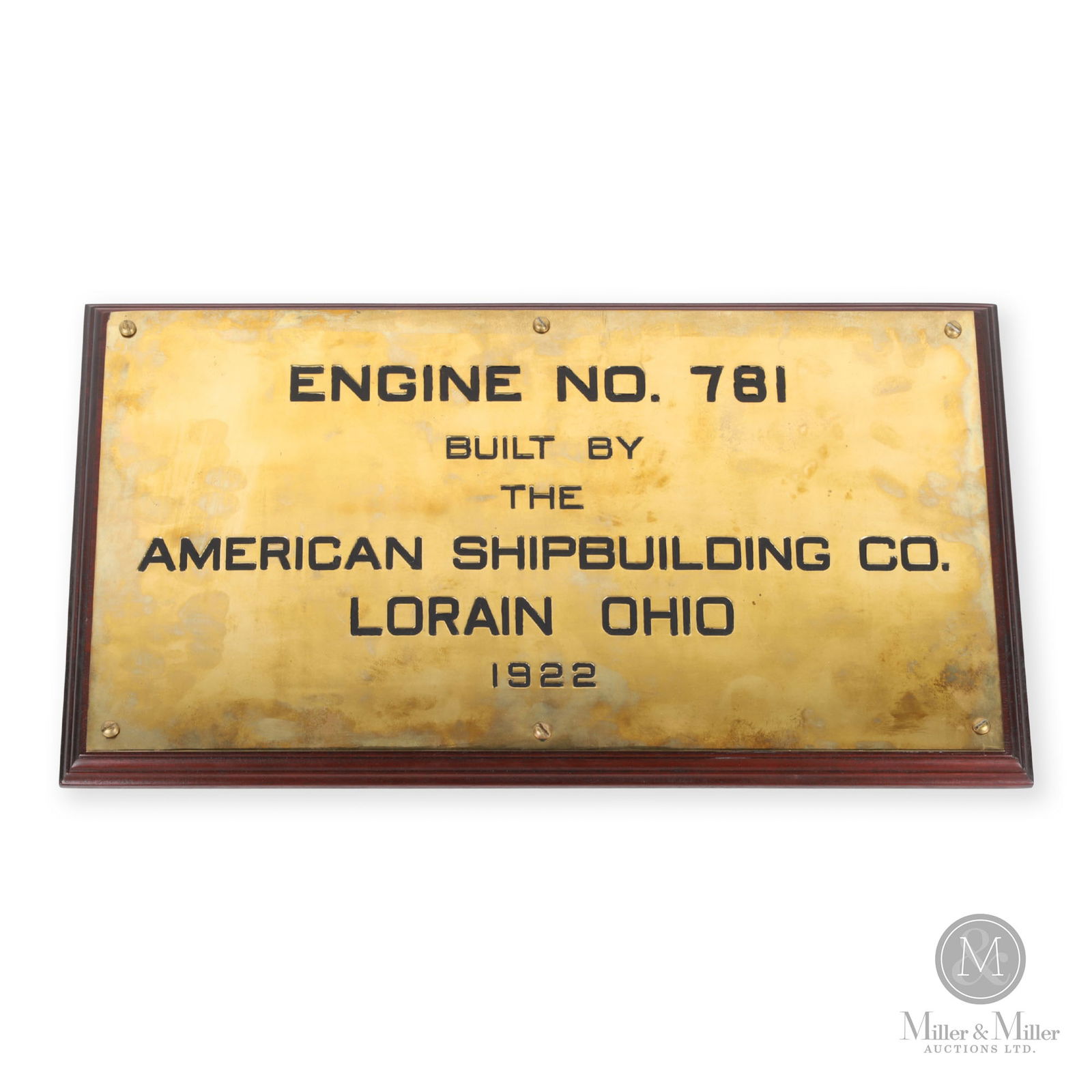 American Shipbuilding Co. 1922 Engine No. 781 Builder's Plate: American. 1922. Brass, mounted to wood plaque. 12" x 22". From the William Robert Wilson Collection.