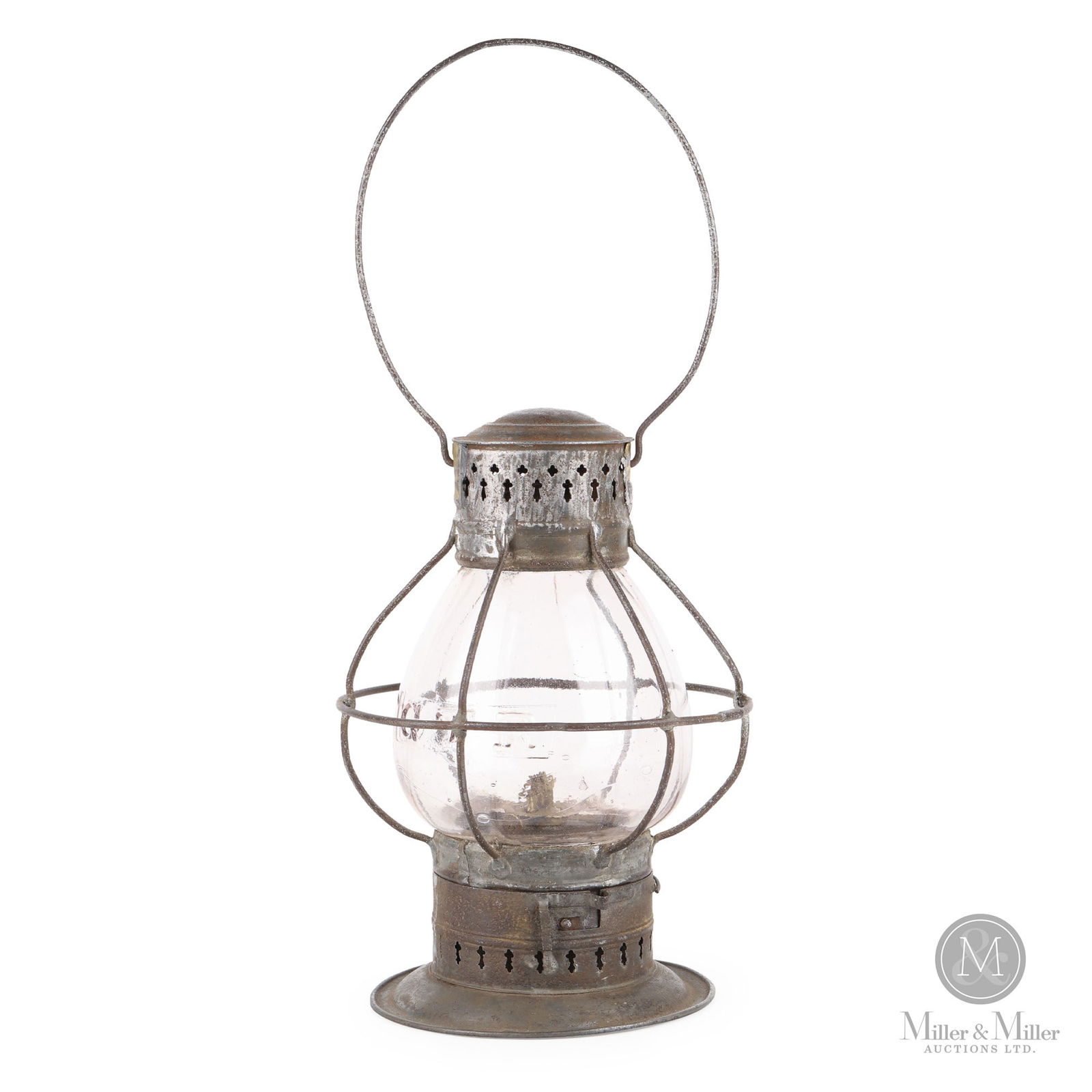 Early GTR Brakeman's Lantern: Canadian. 1870s. Metal frame, embossed glass globe. Unmarked frame. 10.25" x 6.25" x 6.25". From the William Robert Wilson Collection.