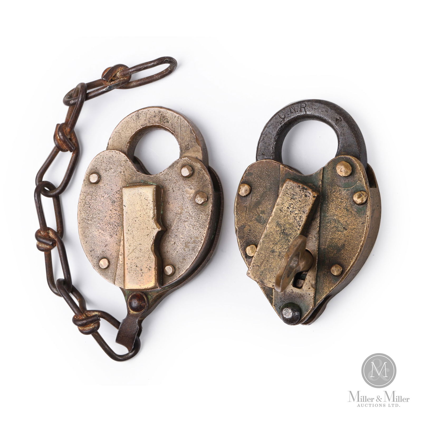 Canadian National Railway Switch Locks: Canadian. 1910s. Mixed metals. Stamped, "CN" or "CNR", on shackles of each. Each: 4" x 2.5" x 0.75". From the William Robert Wilson Collection.