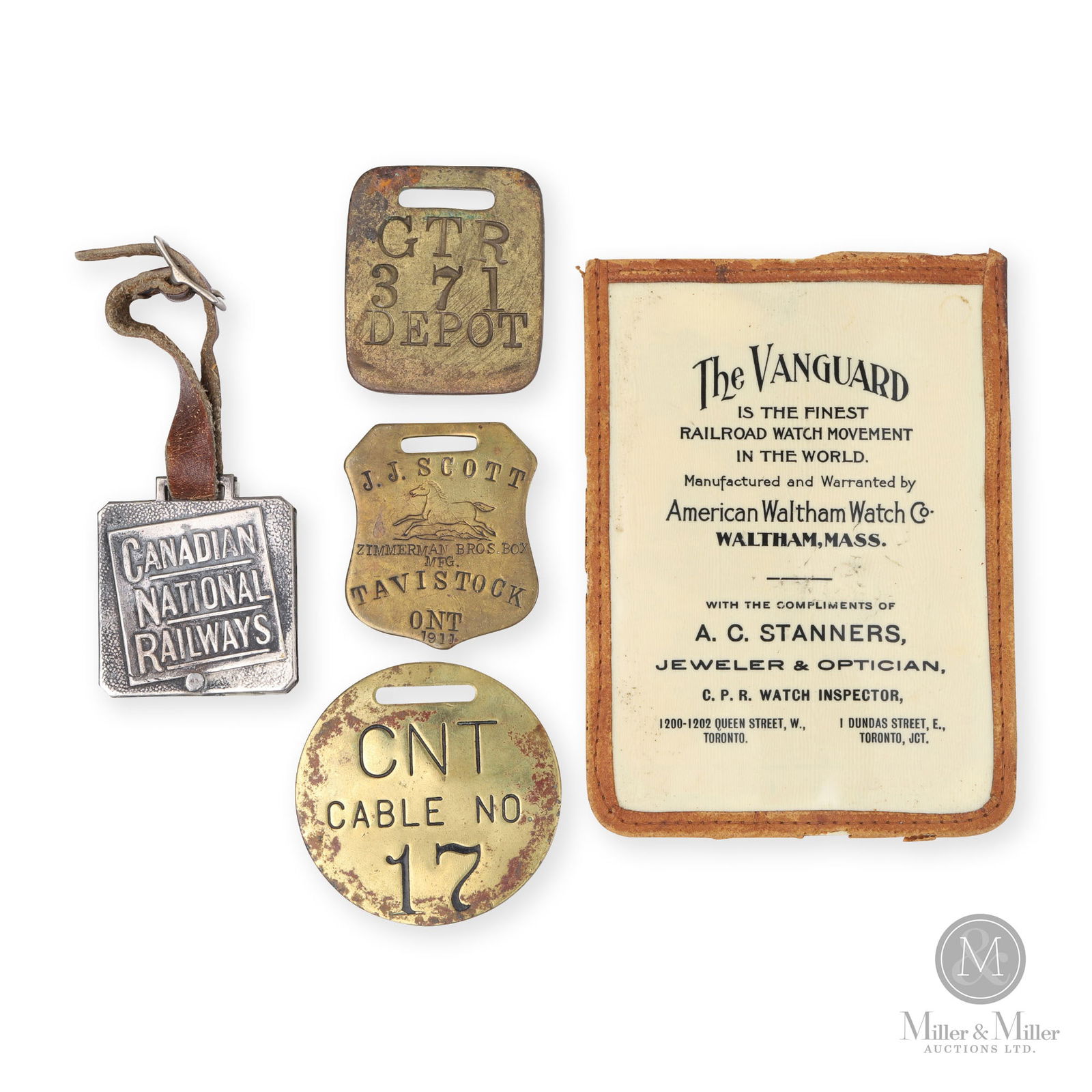 Canadian Railway Watch Fobs, Baggage Tags & Timing Card: Canadian. 1910s. Stamped metal, paper. Ranges in length from 1.75" to 7.5". From the William Robert Wilson Collection.