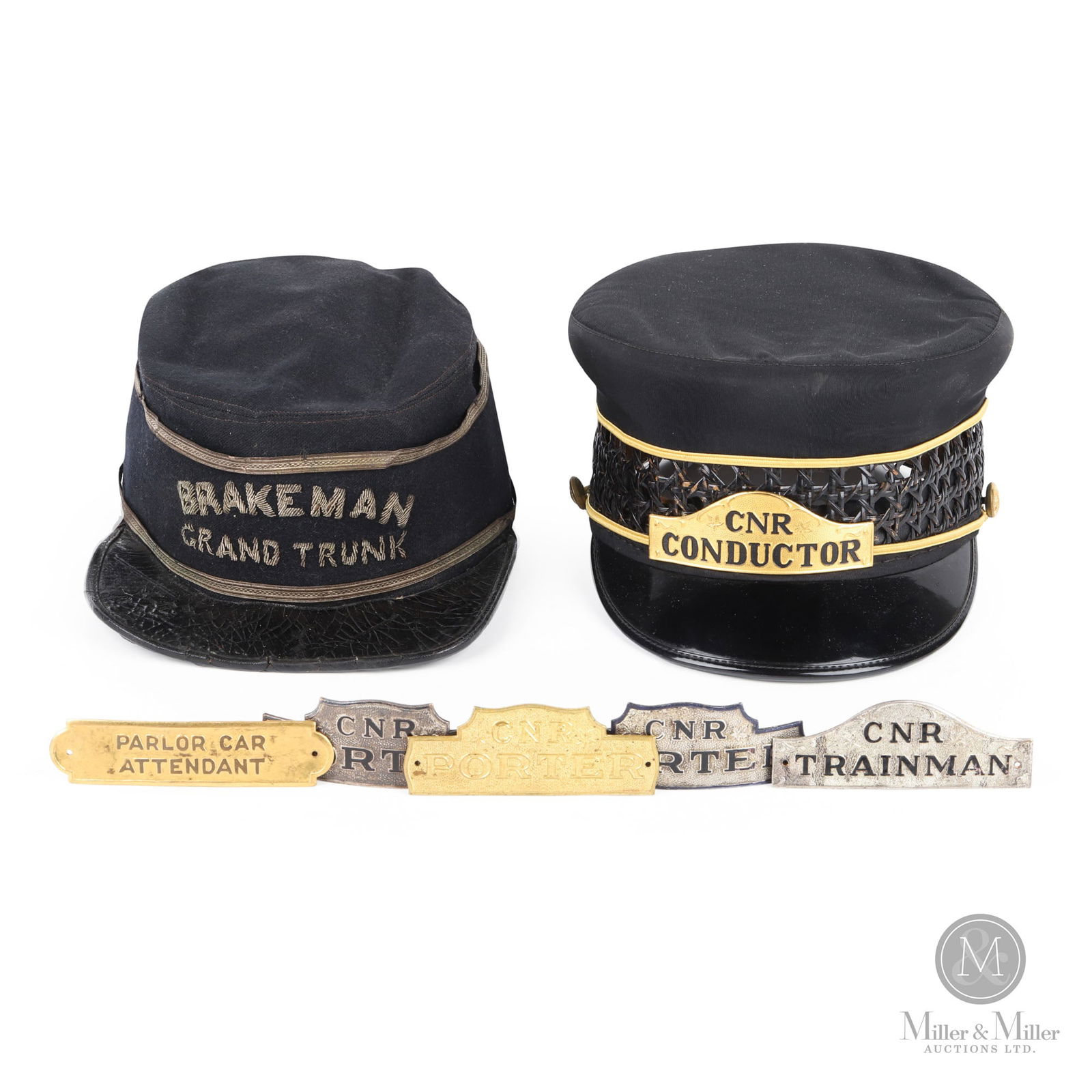 GTR & CNR Employee Caps & Badges: Canadian. 1900-1930s. Mixed materials. Hats: 3" x 10" x 7" and 3.5" x 9" x 6.25". Tags range from 3" to 3.75". From the William Robert Wilson Collection.