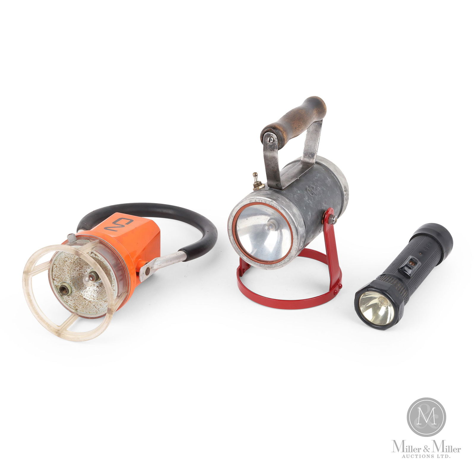 Battery-Op CPR & CNR Inspection Lanterns & Flashlight: Canadian. 1930s-1970s. Assorted materials. Marked, "Piper 268 Montreal CPR", on body of CPR inspection lantern. Marked, "Burgess Made in USA CPR", on body of flashlight. Marked, "Starlite 222 Star Hea