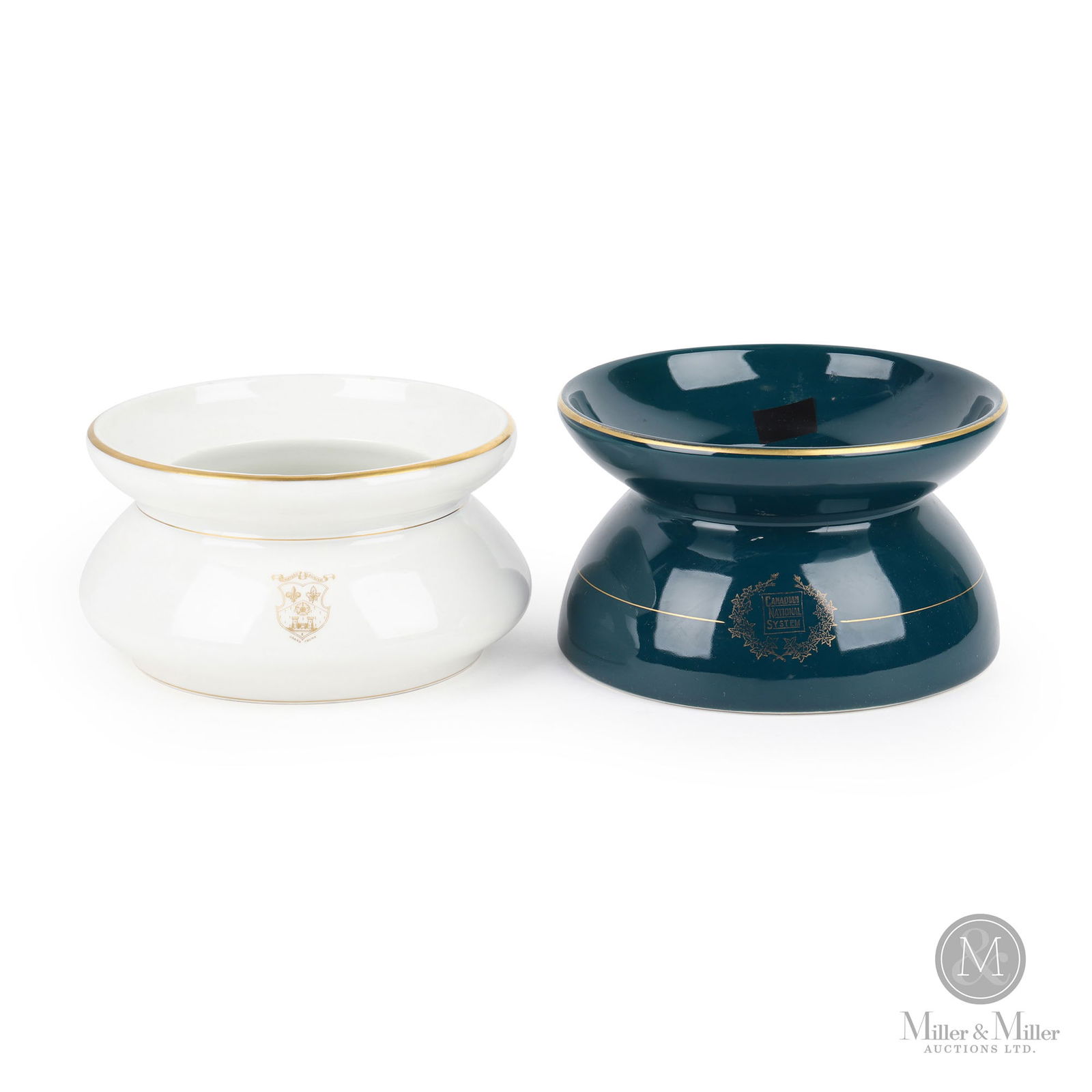 Grand Trunk Railway & Canadian National Systems Spittoons: Early 20th Century. Porcelain. Includes two spittoons. Marked, with the logo on the top of rim or center front of most pieces. Marked, on underside. 7.5" Dia. From the William Robert Wilson Collection