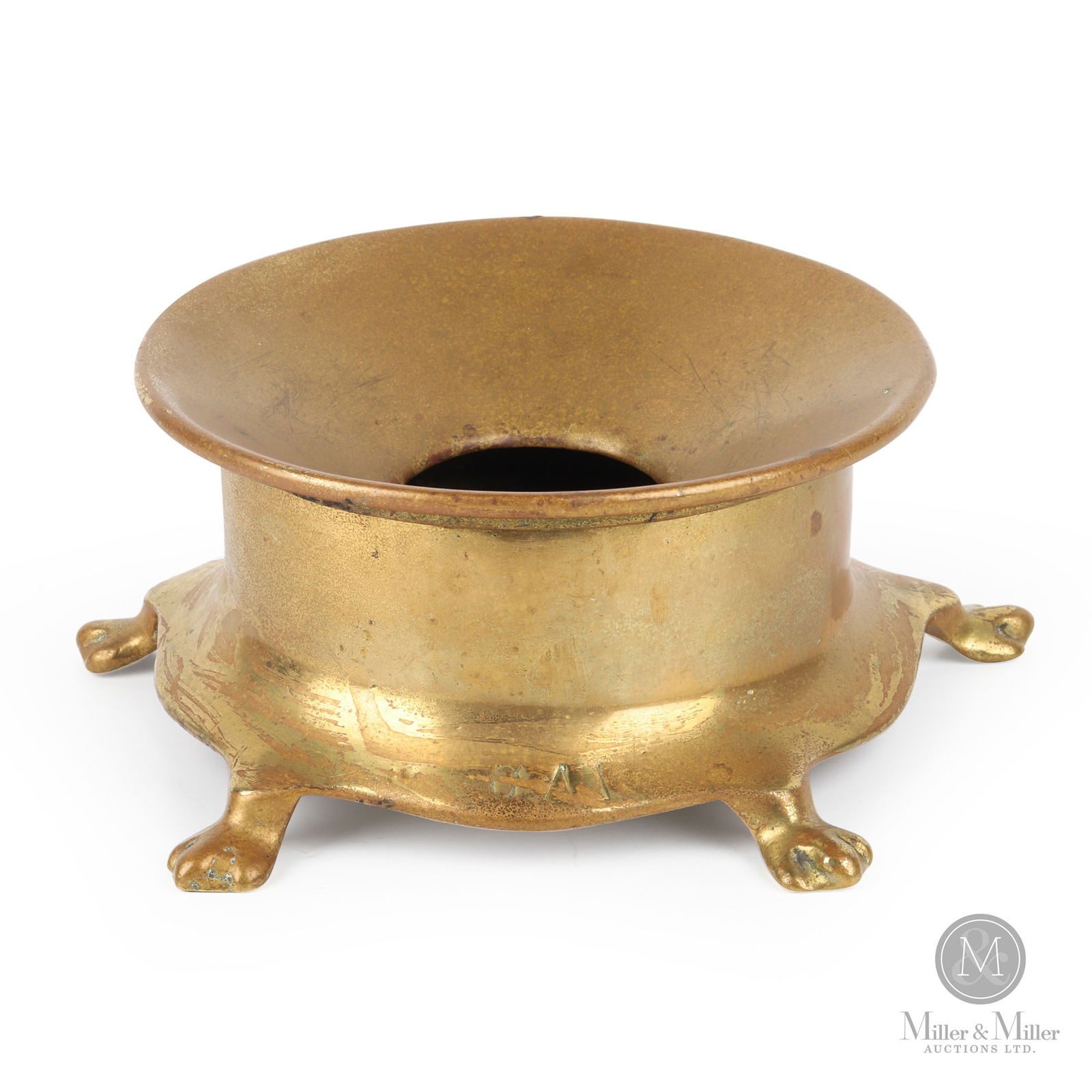 CNR Footed Brass Spittoon: Canadian. 1890s. Brass. Stamped, "CNR", on the base edge. Marked, "Pat. June 3 1884", on the underside. 4" x 9" x 9". From the William Robert Wilson Collection.
