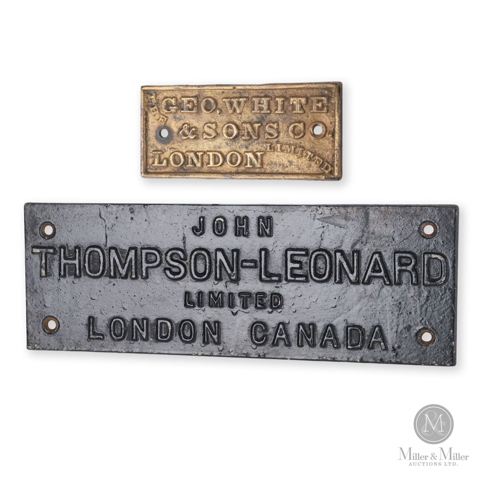 George White & Thompson-Leonard Ltd., London Machinery Plaques: Canadian. 1890s and 1920s. Cast brass, cast iron. 3" x 6.75" x 0.12" and 5" x 14.5" x 0.12". From the William Robert Wilson Collection.