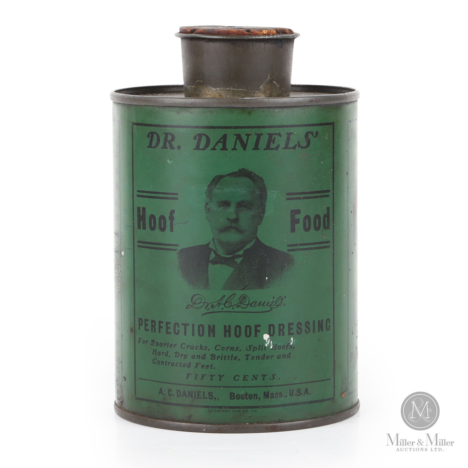 Dr. A. C. Daniels' Veterinary Hoof Dressing: American. Early 1900s. Lithographed tin. Lithographed soldered tin with rare and early cork-top spout. This is one of the rarest Dr. Daniels' remedies. Only a couple of examples of this variation are 