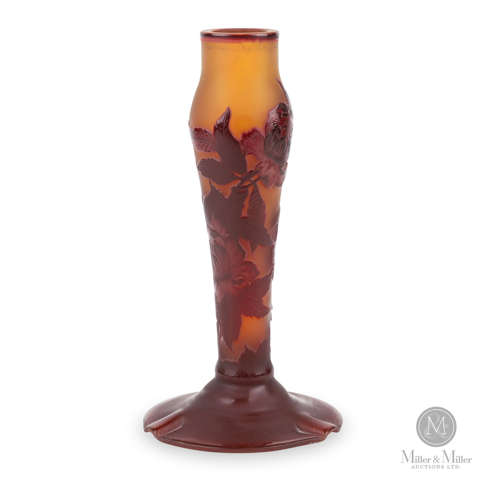 Emile Gallé Cameo Glass Lamp Base: French. 1900. Glass. Gallé signed french cameo glass lamp base in plum and orange colours. Signed, on the side. 9" x 5" x 5".