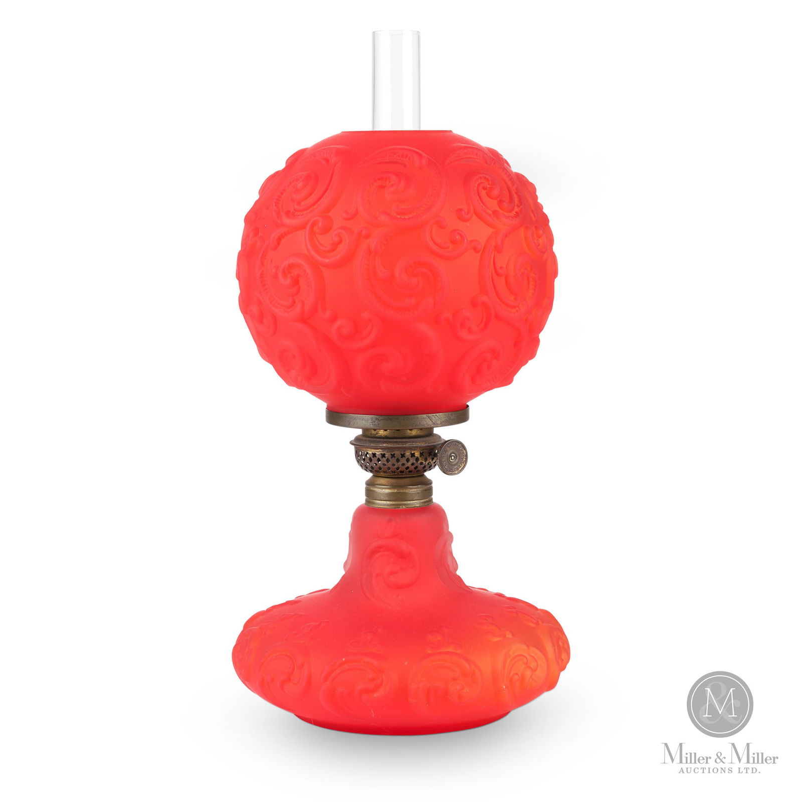 Miniature Junior Parlour Lamp: American. Late 19th/Early 20th century. Red satin glass with embossed design and matching ball shade. 11.75”H. Smith 1 – fig. 288.Condition noted: chip to fitter edge of chimney, chips to bott