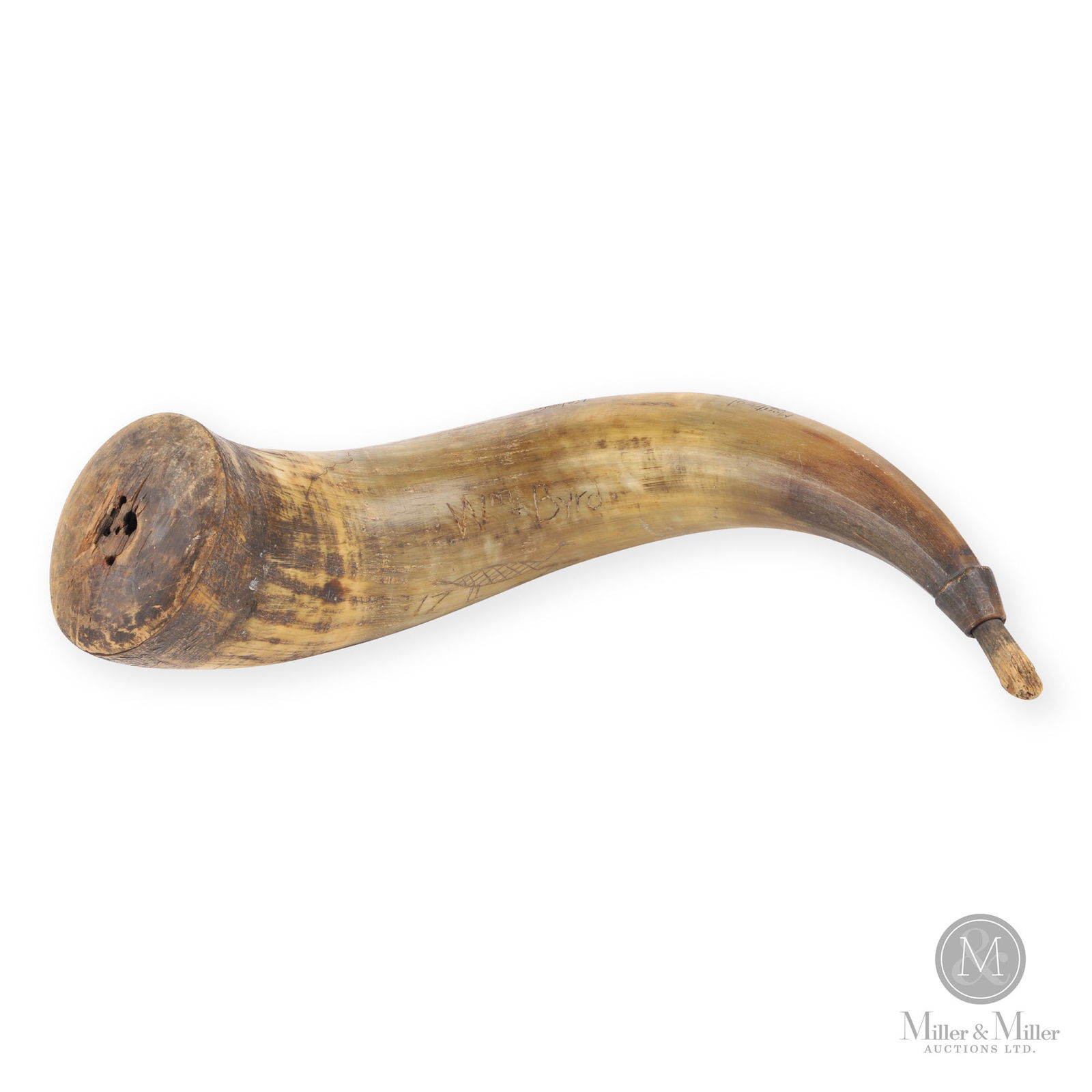 St Lawrence River Map Scrimshaw Powder Horn: 1777. Horn, wood Traditional folk art map powderhorn of Wm Bird, dated 1777. In dry surface with wooden plugs to each end. Places of note on the map are Montreal, Kebec, Mass ts Bay, Maine, Ste. Jean