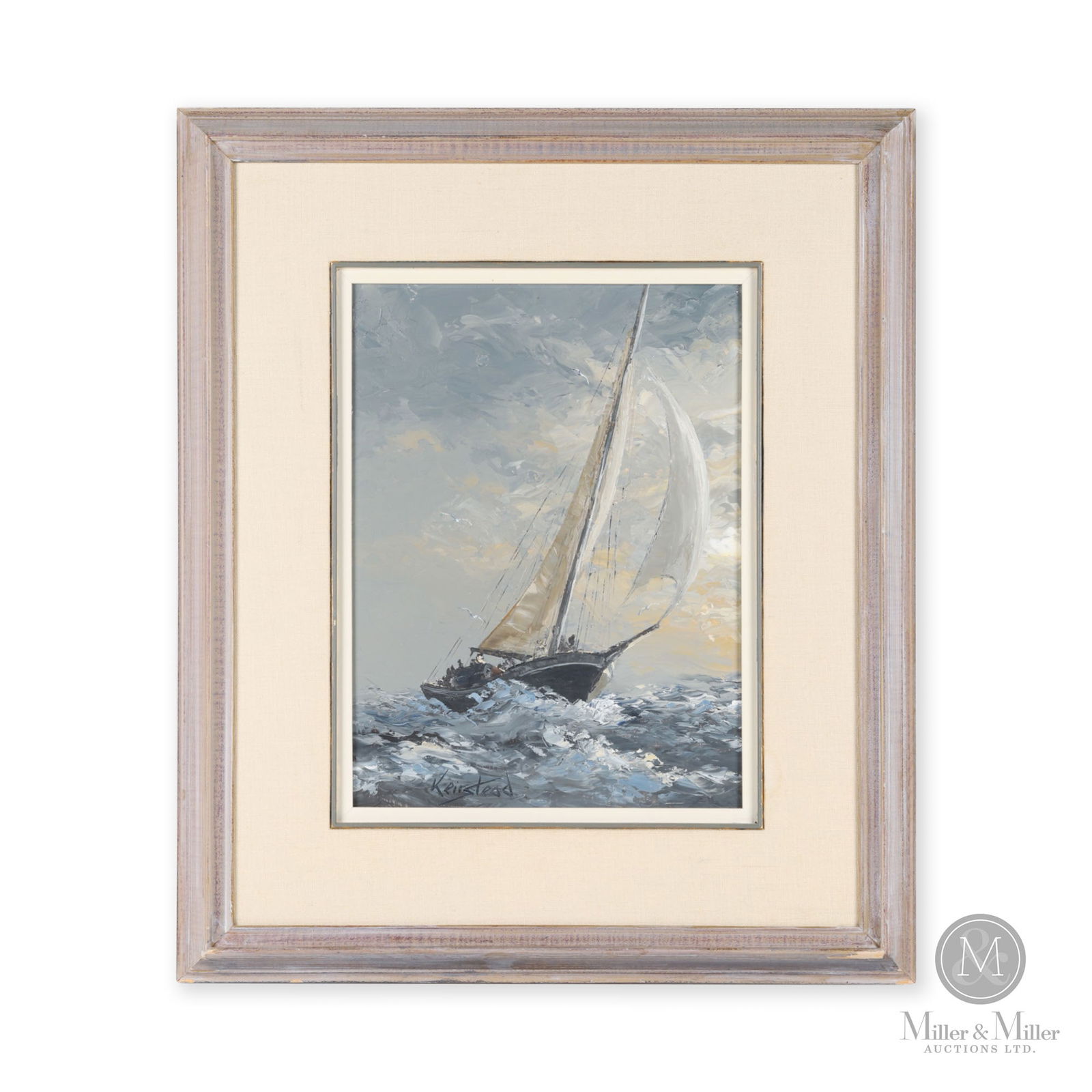 Dawn off Cape Tortue by James L. Keirstead (1932 - ): Canadian. Oil on masonite. An unusual marine seascape by James Keirstead. With his palette knife creating texture and atmospheric drama with the fishing boat on rough seas. Signed, recto lower left. B