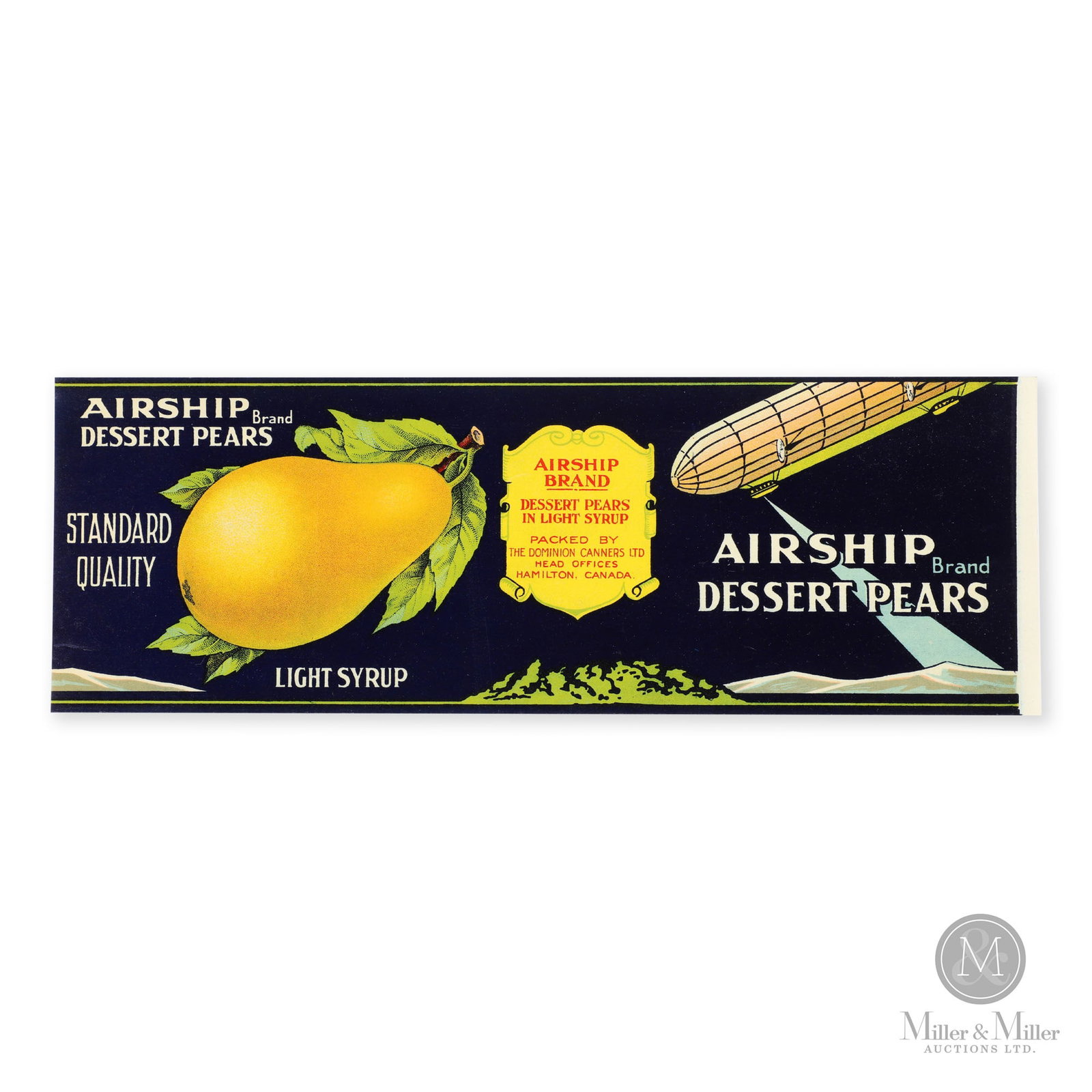 Airship Brand Pears Canning Label: Canadian. 1910s. Lithographed paper single-sided. Hamilton, Canada. 4.5" x 12.75". From the Glen Paruk (Tin Canada) Collection.