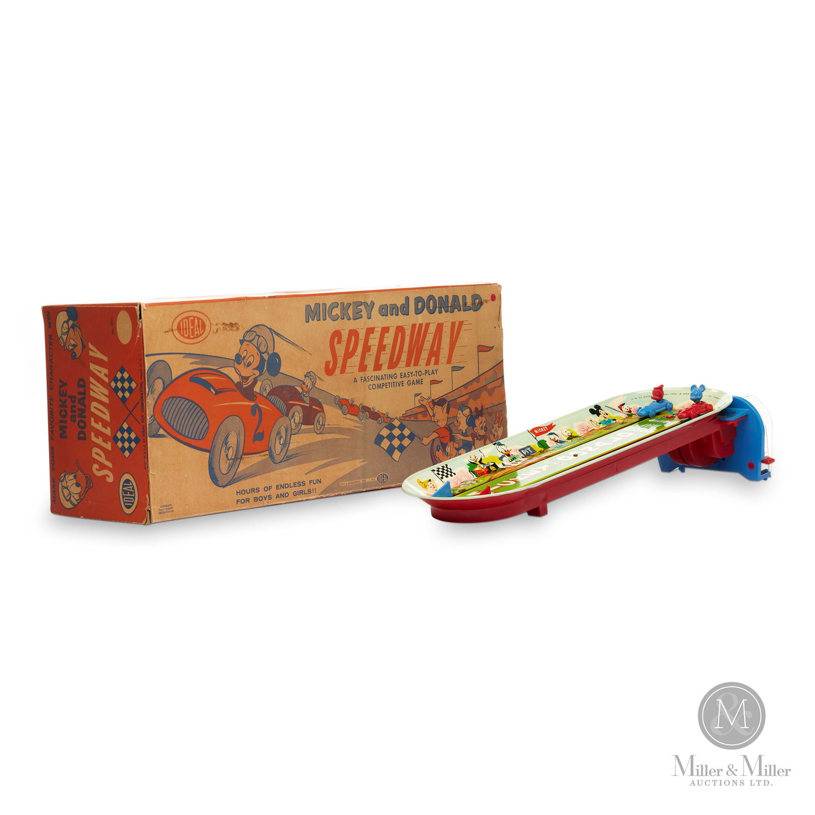 Ideal Toy Mickey & Donald Speedway Game: American. 1950s. Hard to find fully complete and in great condition. Marked, "WDP" (Walt Disney Productions), on box. Size 17.5" x 6" x 5". Condition Tested working condition. Original box. Medium
