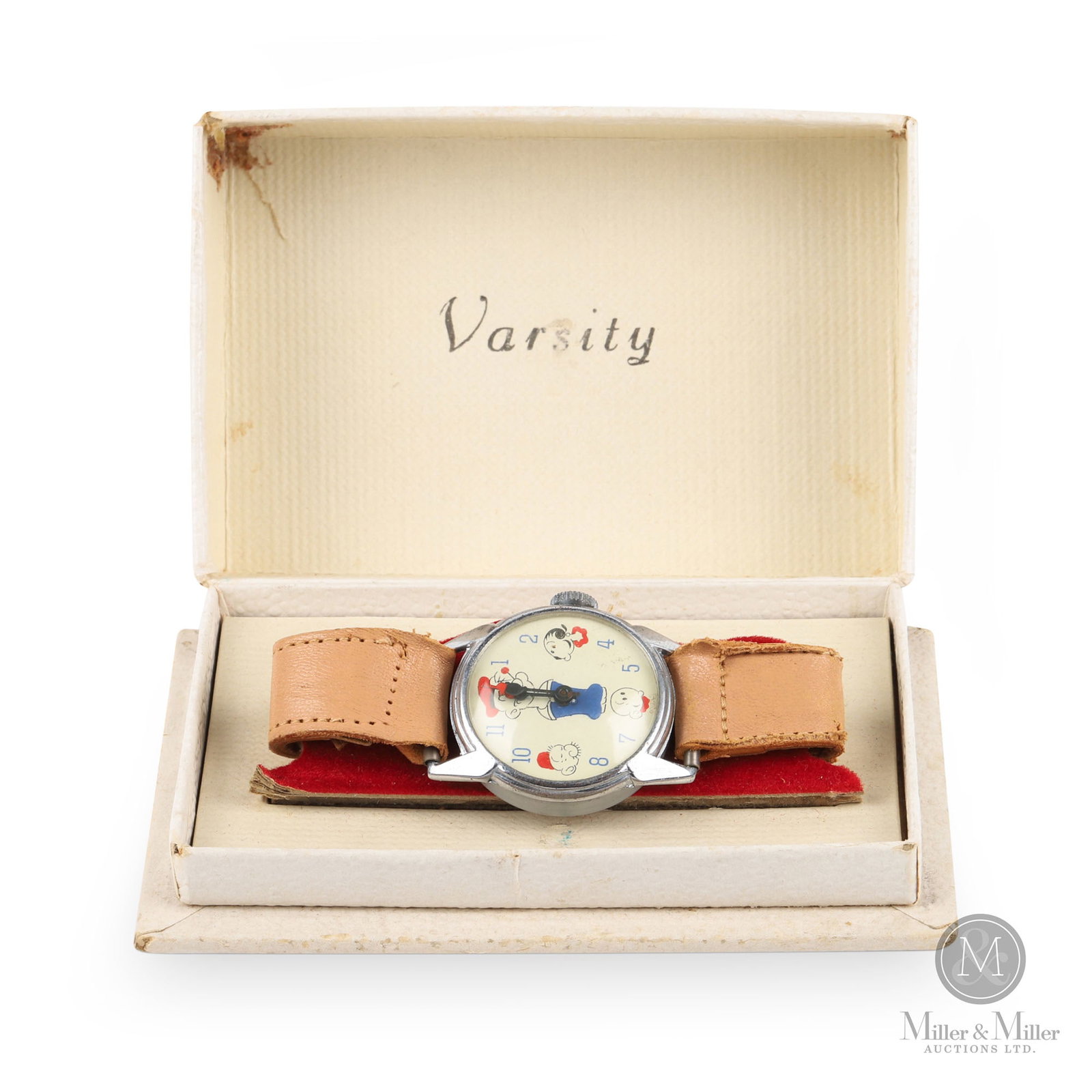 Varsity Watch Co. Popeye Wrist Watch: Swiss. 1940s. An early, hard-to-find Popeye wrist watch in original condition. Marked, "Varsity", on inner box lid. Marked, "Swiss", at 6 o'clock on watch face. Size Box: 1.5" x 4.75" x 3.5". Conditio