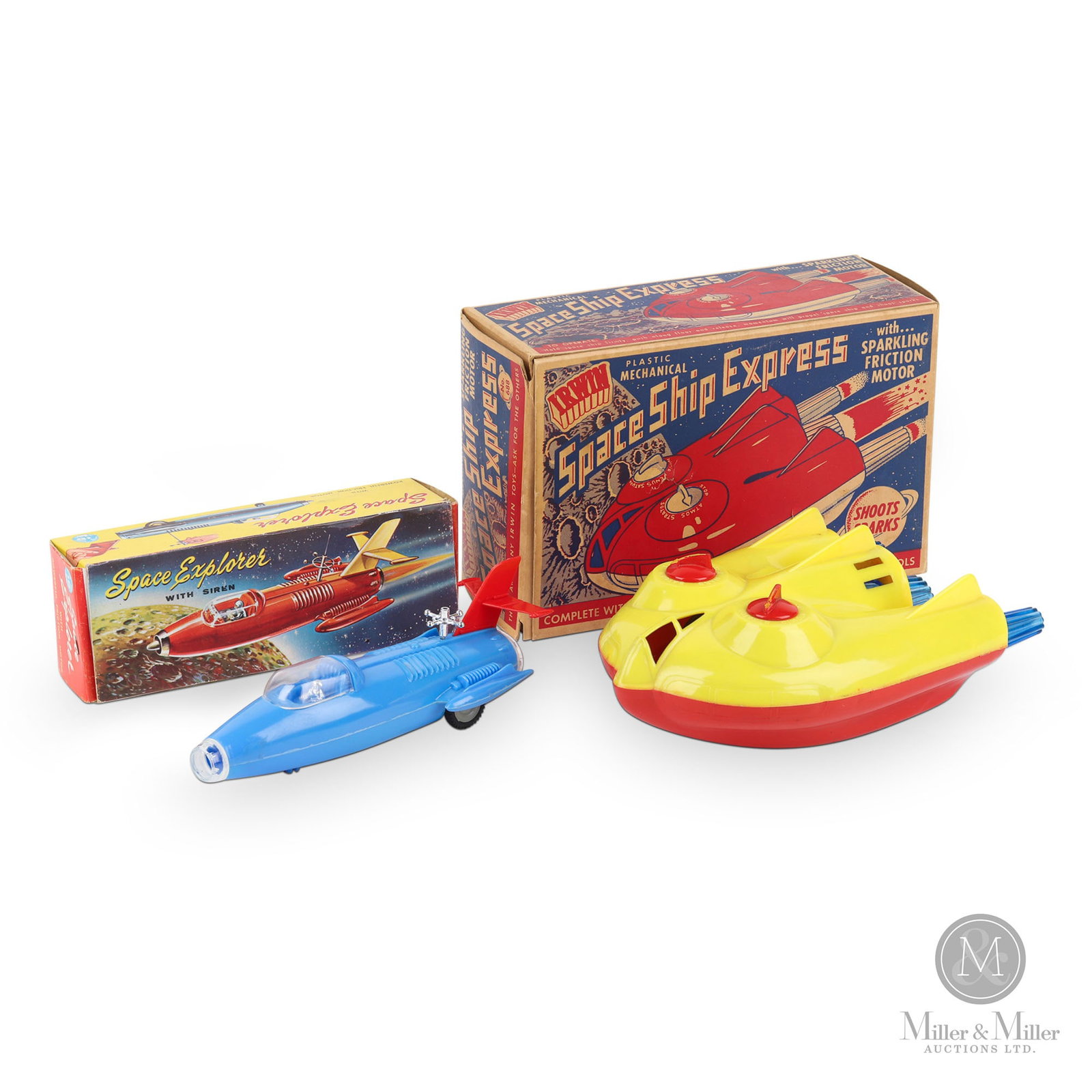 Irwin & LP Space Toys: American and Hong Kong. 1950s and 1960s. The Irwin toy (Spaceship Express 688) was produced in the 1950s, while the LP toy (Space Explorer 103) was made in the 1960s. "LP" was the brand used by "Lik B