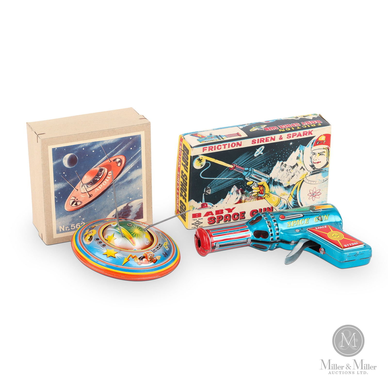 Daiya and Blomer & Schuler Space Toys: Japanese and West German. 1950s. The "Baby Space Gun" friction toy is Japanese and made by Daiya. The "Apollo 562" friction toy is made in West Germany by Blomer & Schuler. Marked, on box and bottom a